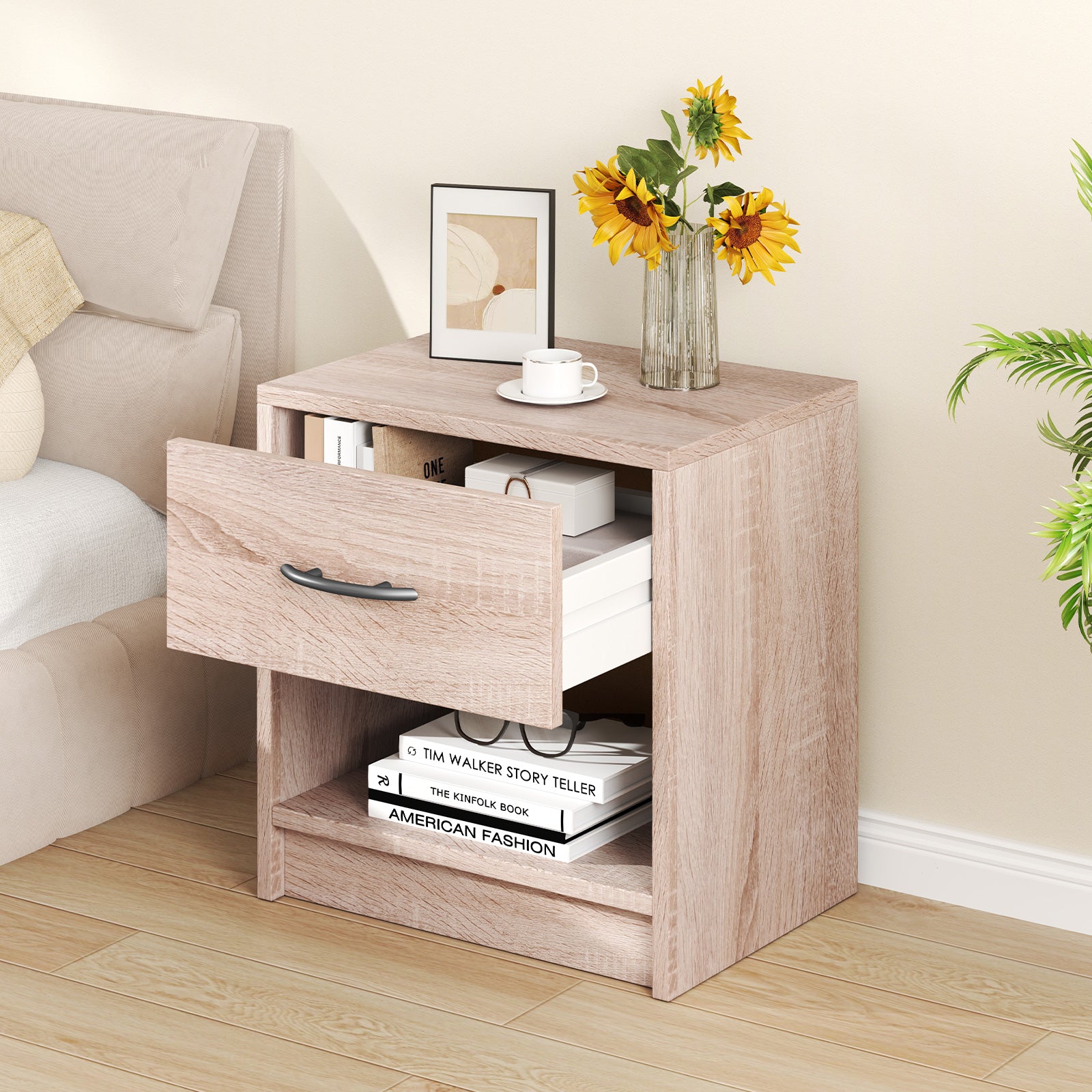 3-Tier Nightstand with Drawer and Open Storage Shelf for Small Spaces-Natural