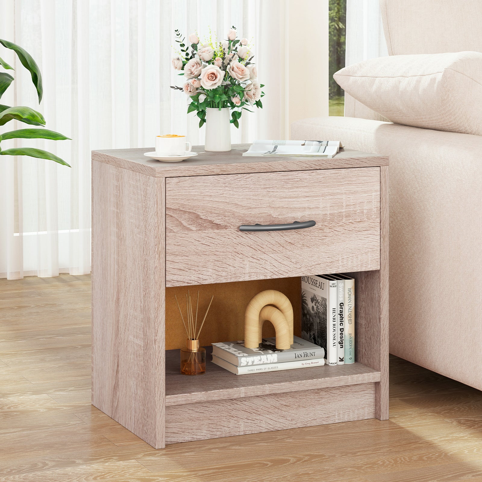 3-Tier Nightstand with Drawer and Open Storage Shelf for Small Spaces-Natural