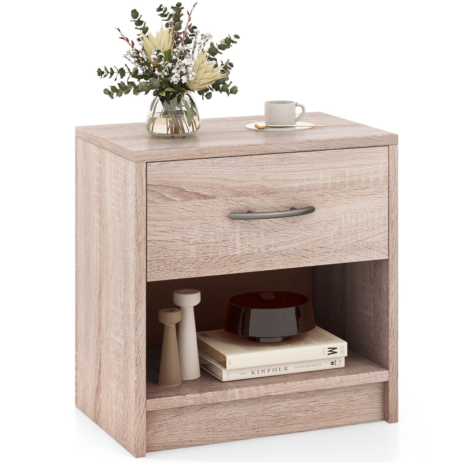 3-Tier Nightstand with Drawer and Open Storage Shelf for Small Spaces-Natural