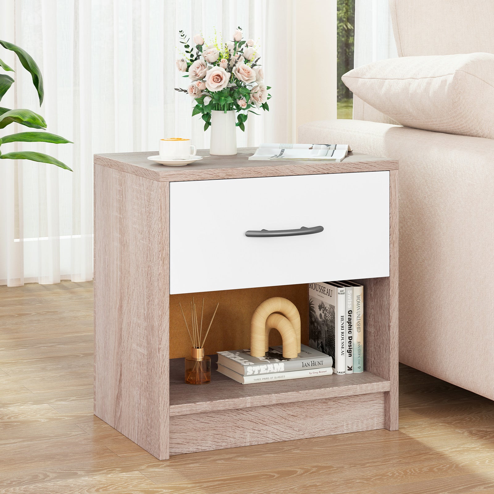 3-Tier Nightstand with Drawer and Open Storage Shelf for Small Spaces-Natural &amp; White