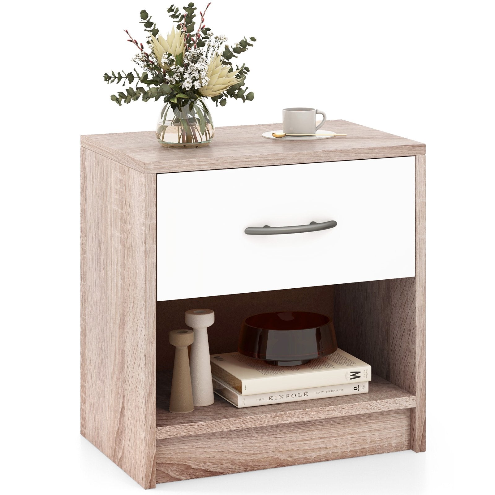 3-Tier Nightstand with Drawer and Open Storage Shelf for Small Spaces-Natural &amp; White