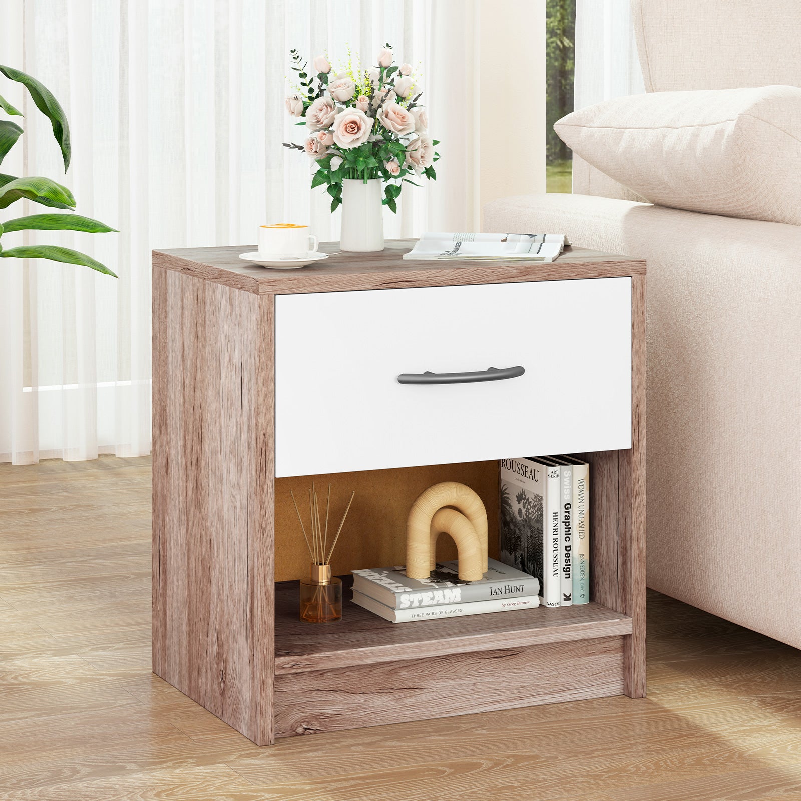 3-Tier Nightstand with Drawer and Open Storage Shelf for Small Spaces-Oak