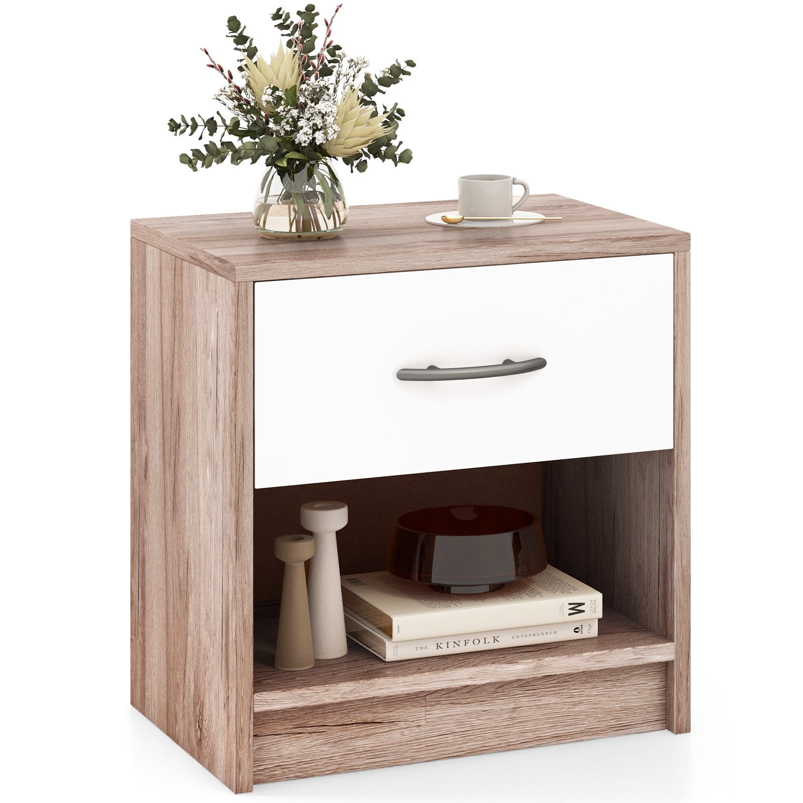 3-Tier Nightstand with Drawer and Open Storage Shelf for Small Spaces-Oak
