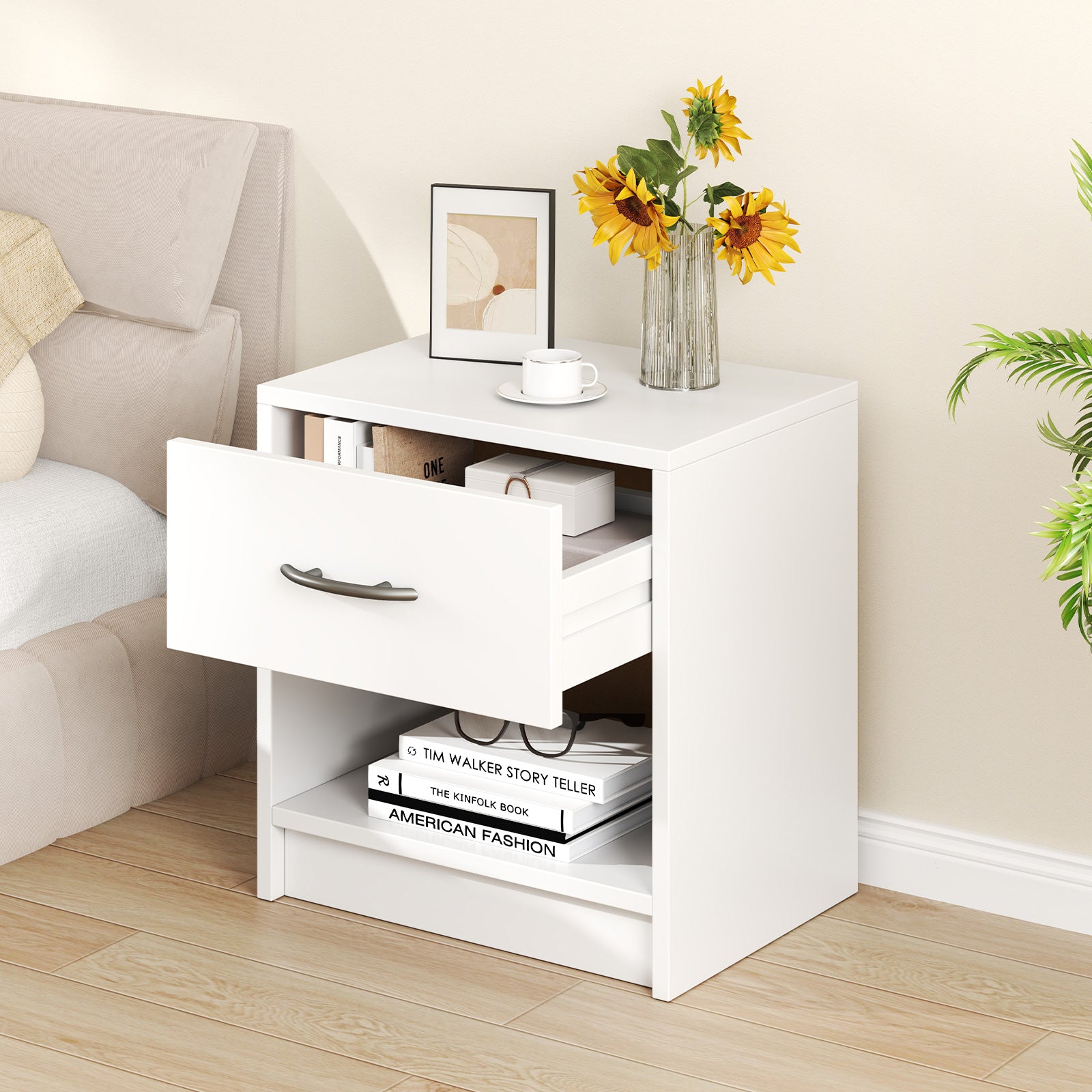3-Tier Nightstand with Drawer and Open Storage Shelf for Small Spaces-White