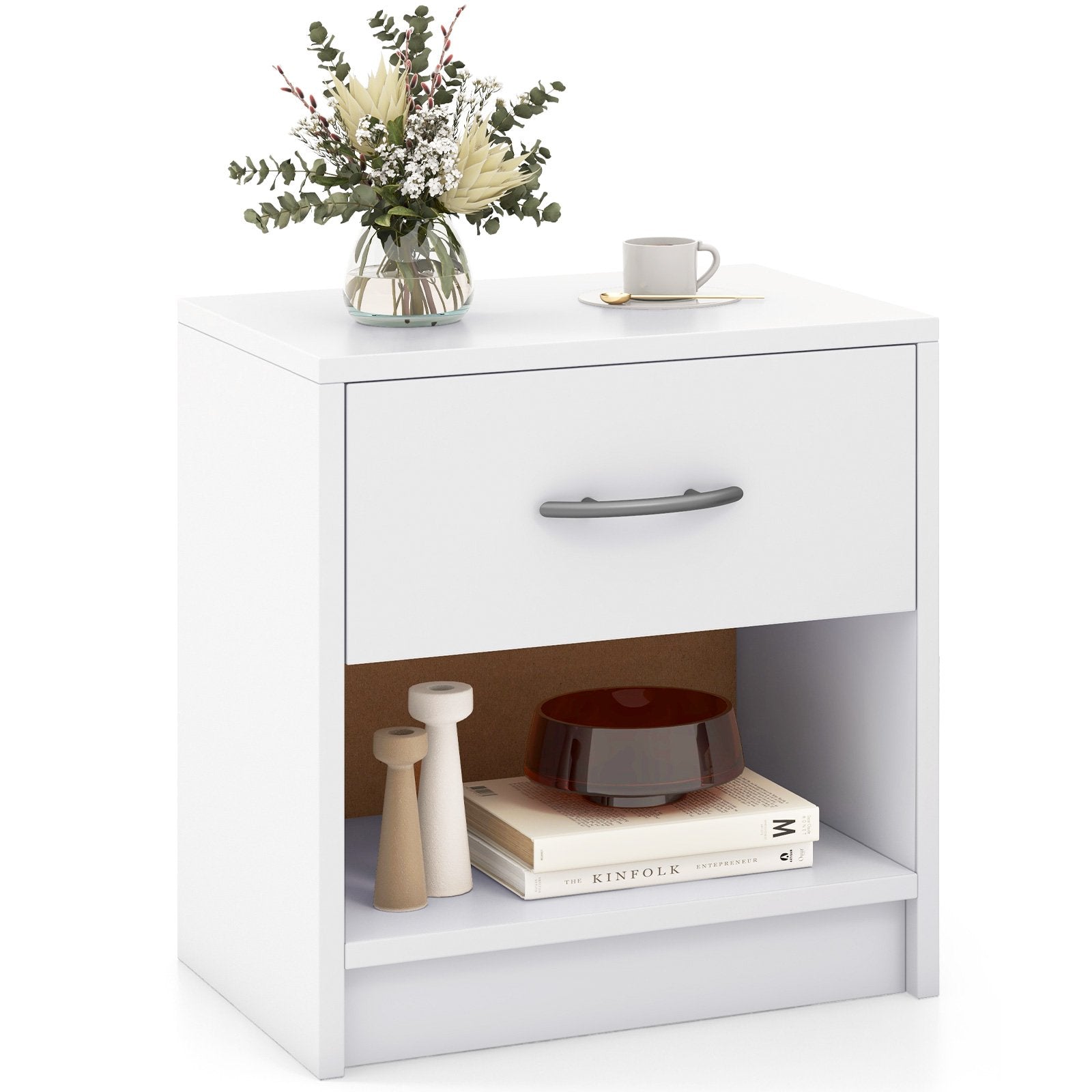 3-Tier Nightstand with Drawer and Open Storage Shelf for Small Spaces-White