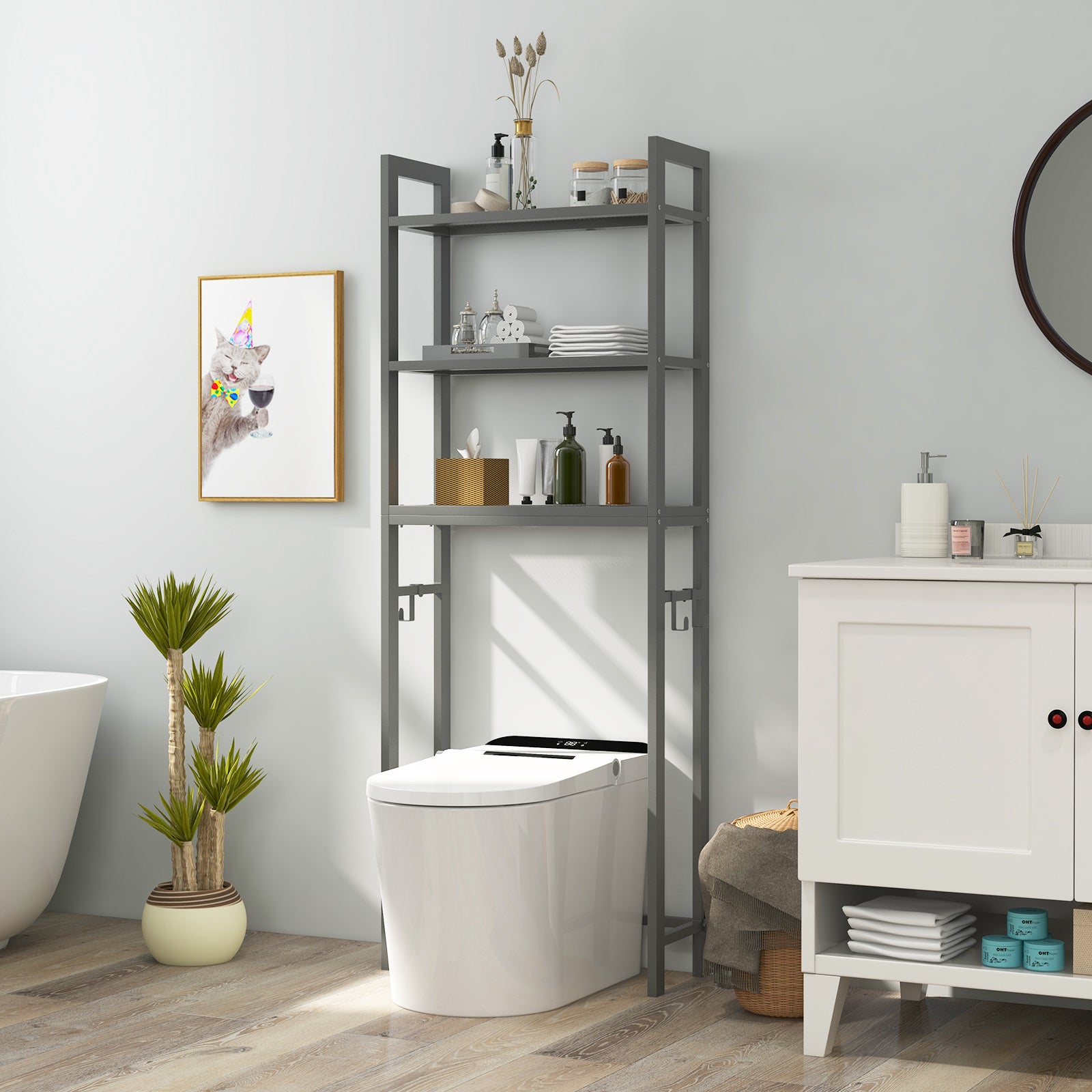 Over-The-Toilet Storage Shelf with Anti-tipping Device and Hooks-Grey