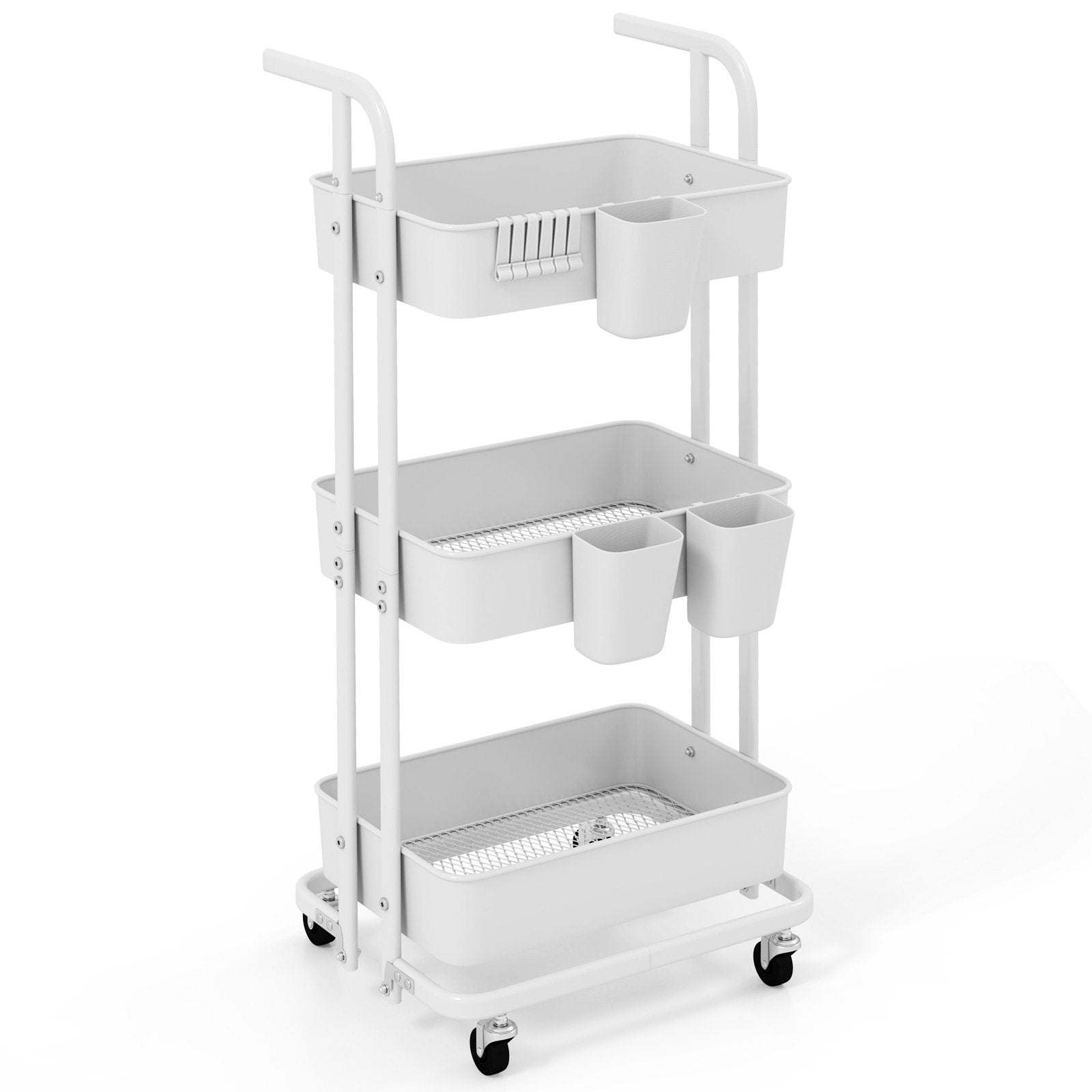 3-Tier Rolling Cart with 3 Hanging Cups and 6 Hooks-White