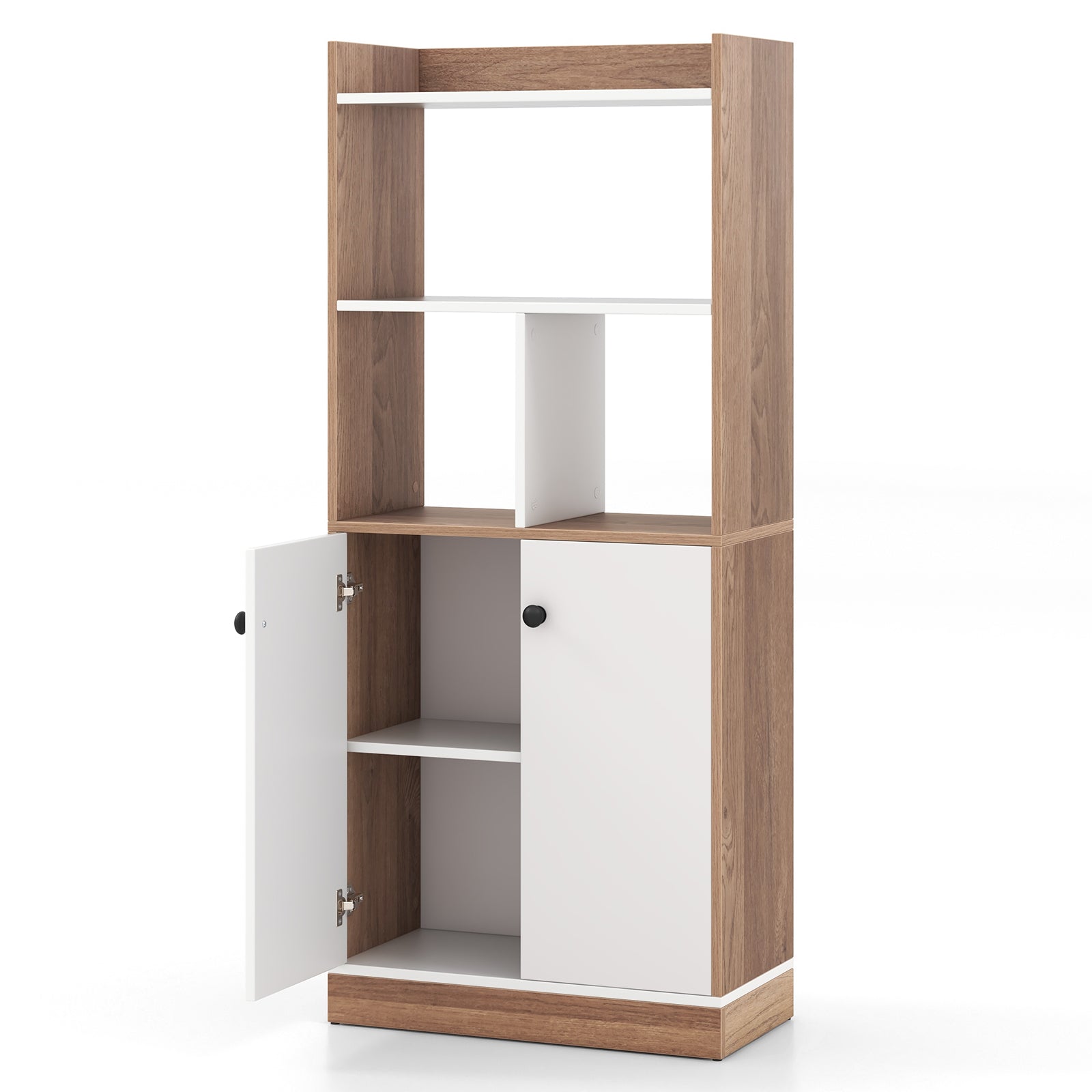 3-Tier Tall Bookcase with Double-Door Cabinet