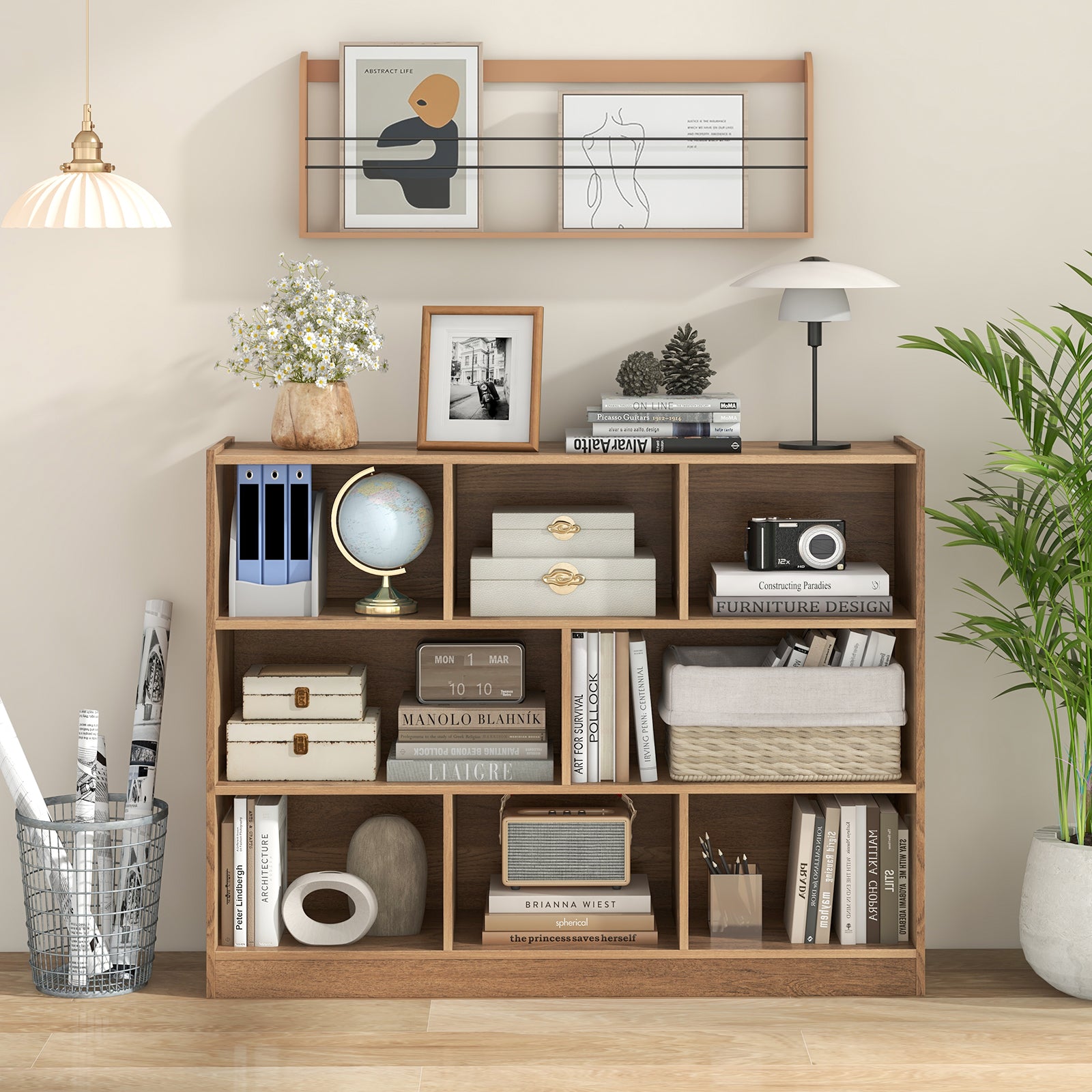 3-Tier Wooden Cube Bookcase with 8 Compartments-Natural