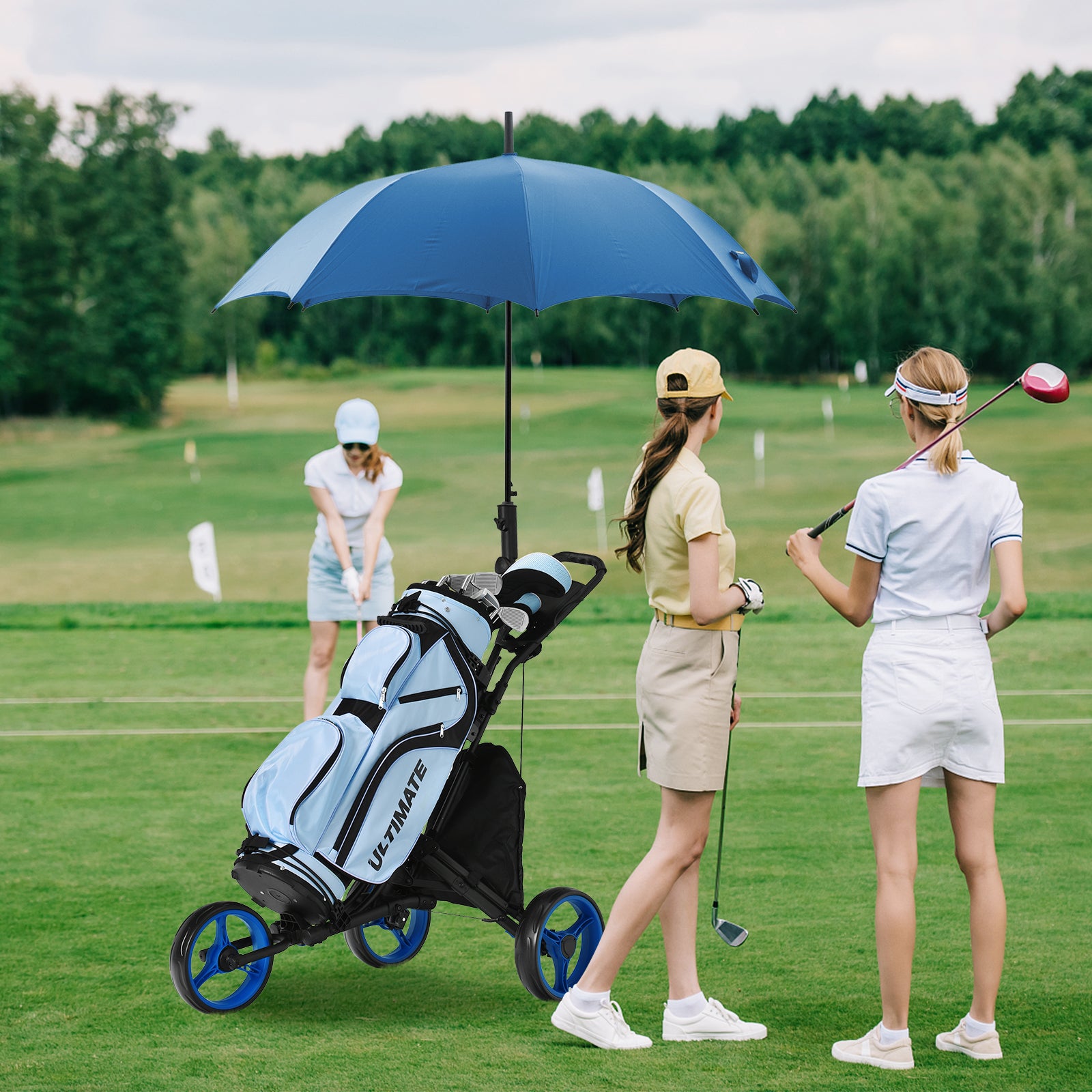 3 Wheel Golf Push Pull Cart with Adjustable Height Handle-Blue