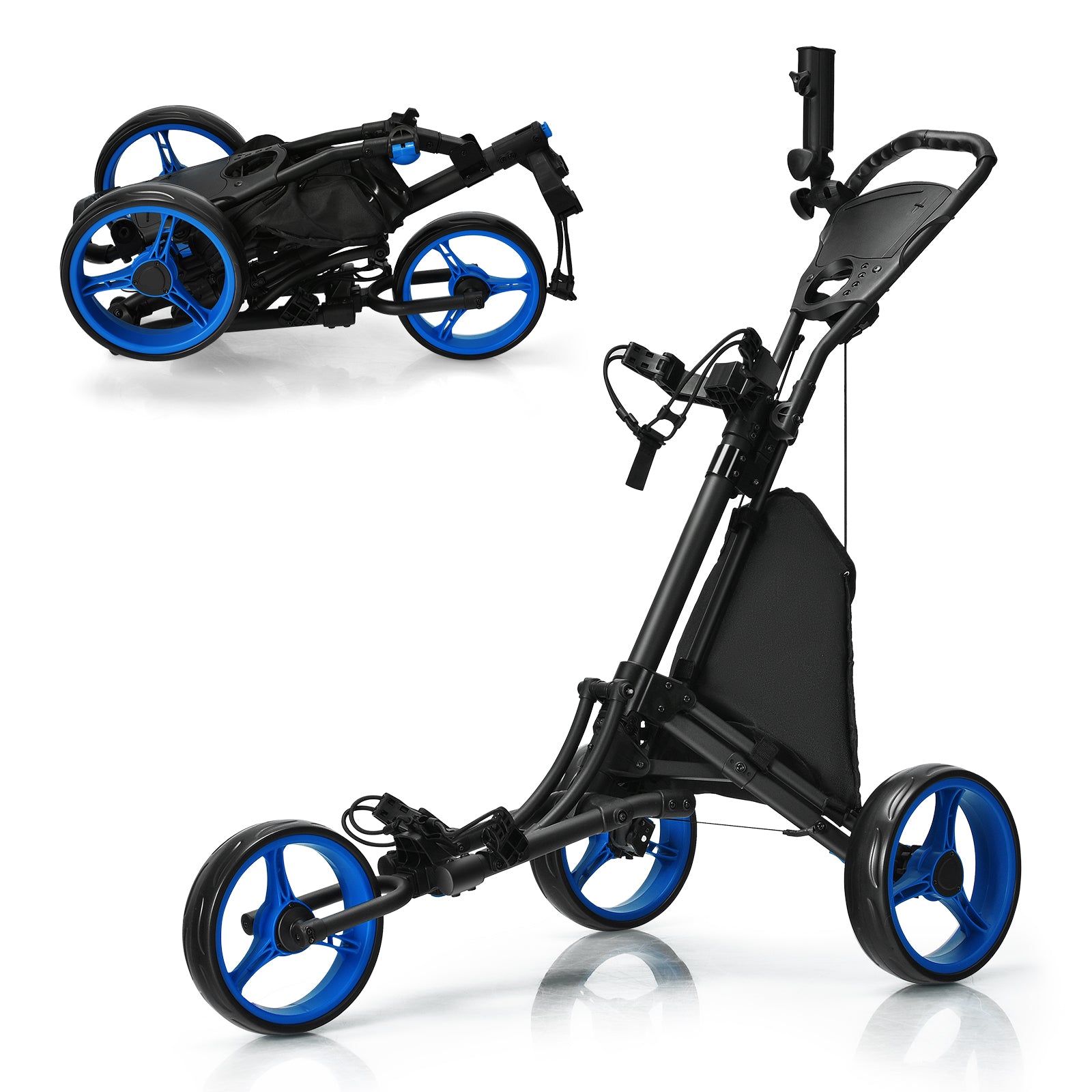3 Wheel Golf Push Pull Cart with Adjustable Height Handle-Blue