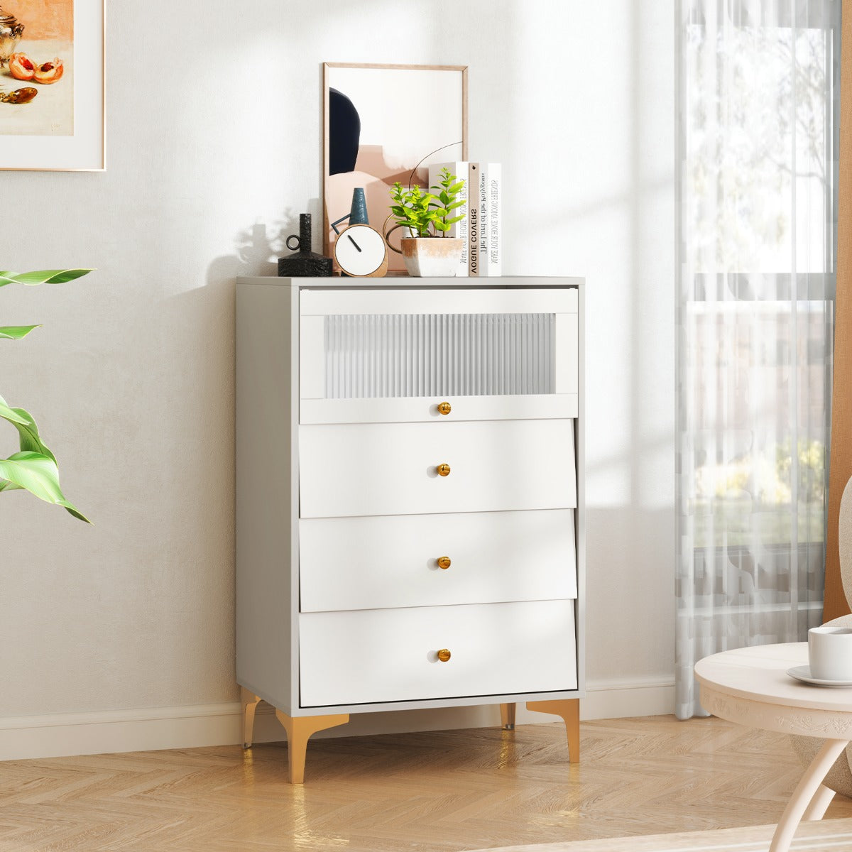 3/4 Drawer Dresser Cabinet with Flip Up Fluted Glass Door-3 Drawers