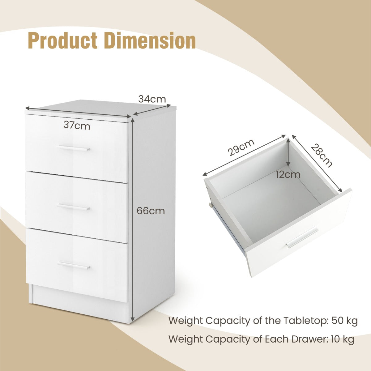 3-Drawer Wooden Dresser Cabinet Set of 2 with Anti-Toppling Device-White