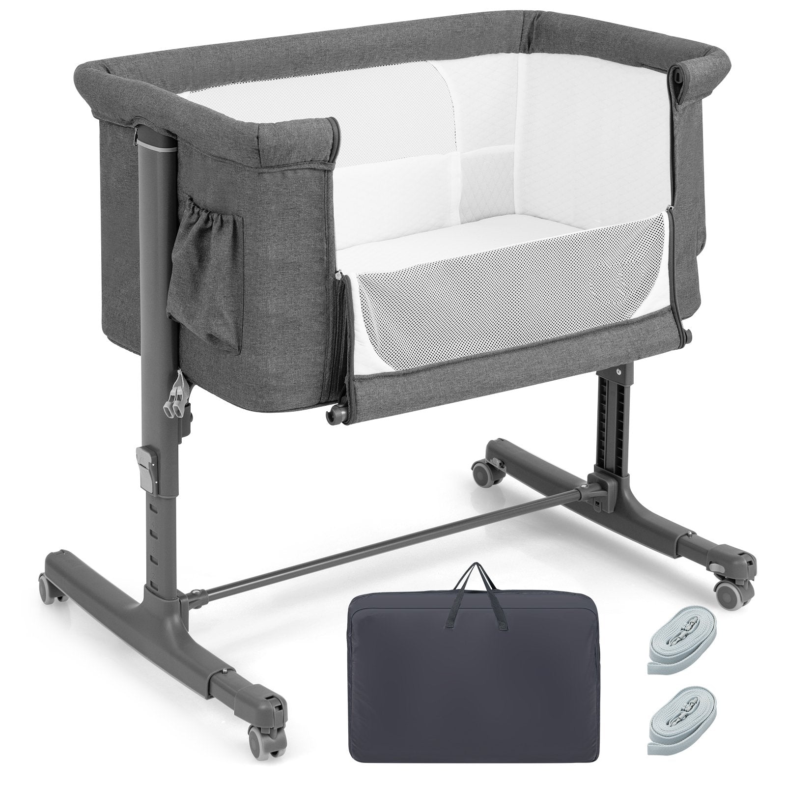 3-in-1 Adjustable Baby Bedside Bassinet with Mattress-Grey