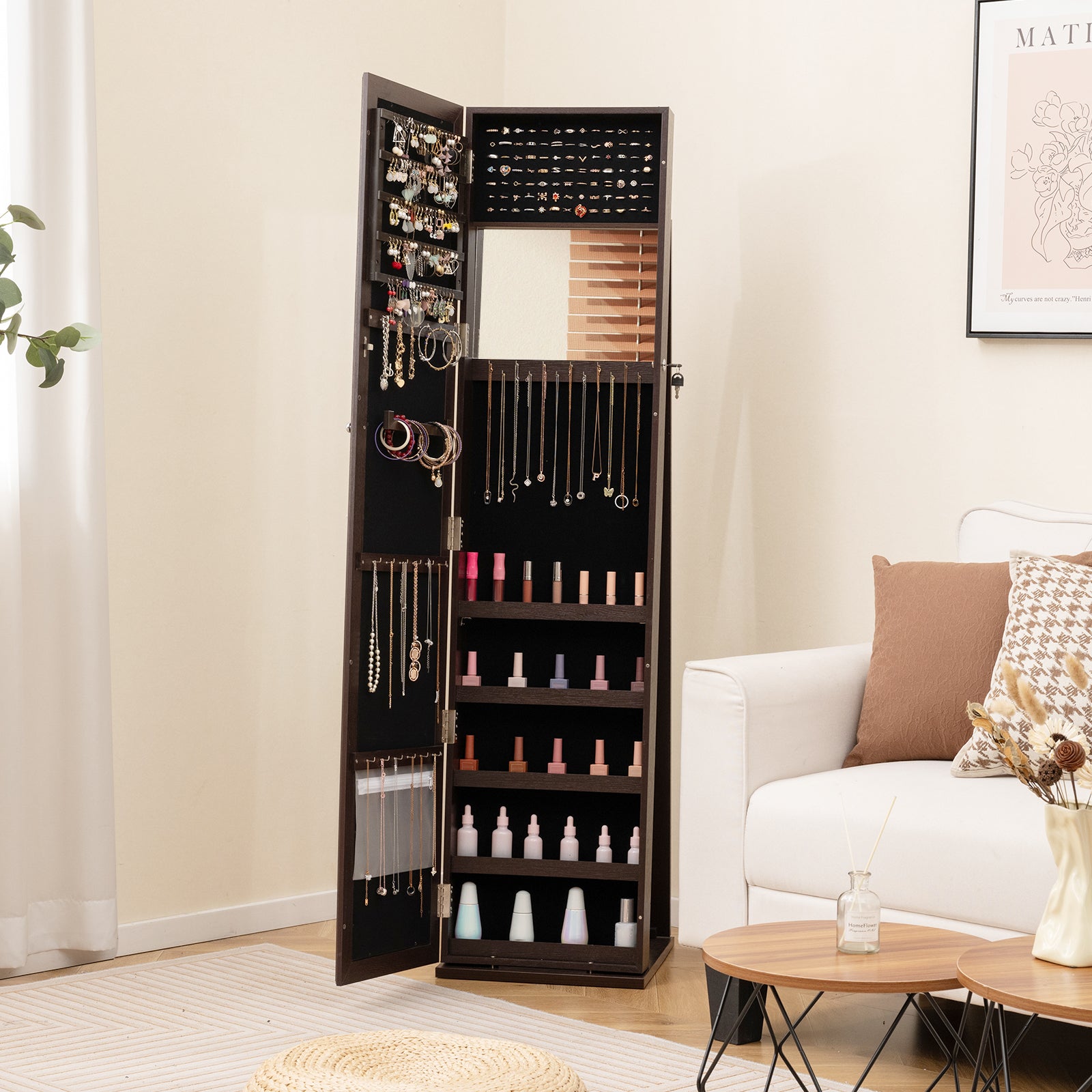 3-in-1 Mirrored Jewelry Armoire with Display Shelves-Coffee