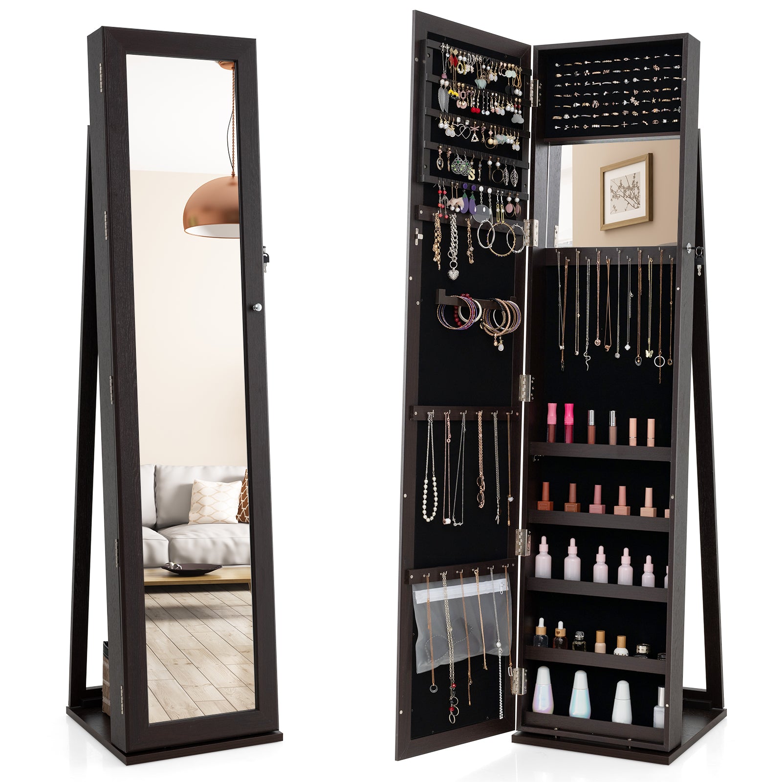 3-in-1 Mirrored Jewelry Armoire with Display Shelves-Coffee