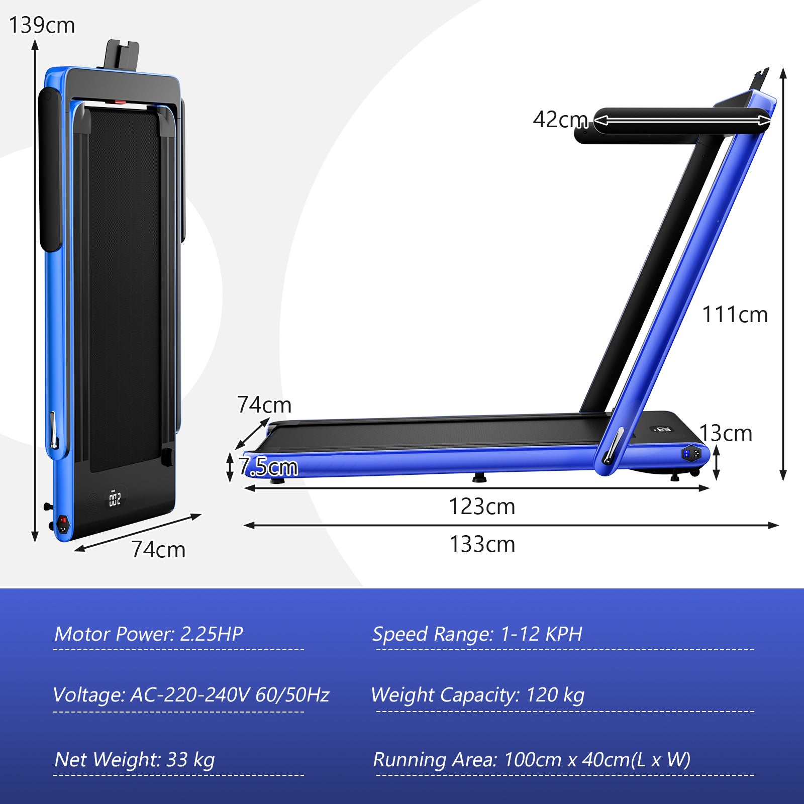 2.25 HP Foldable Treadmill 3 in 1 Walking Pad Under Desk Treadmill-Navy