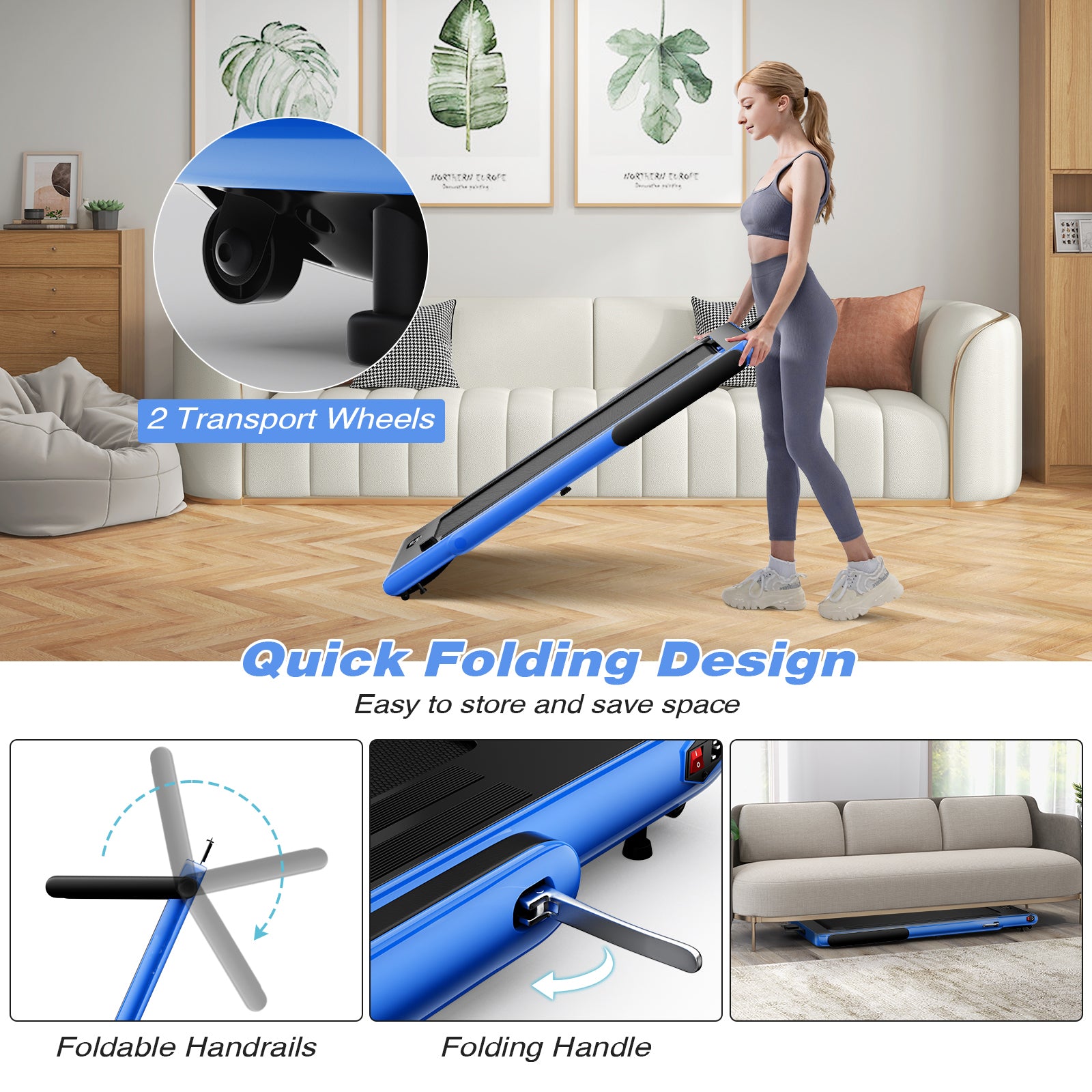 2.25 HP Foldable Treadmill 3 in 1 Walking Pad Under Desk Treadmill-Navy