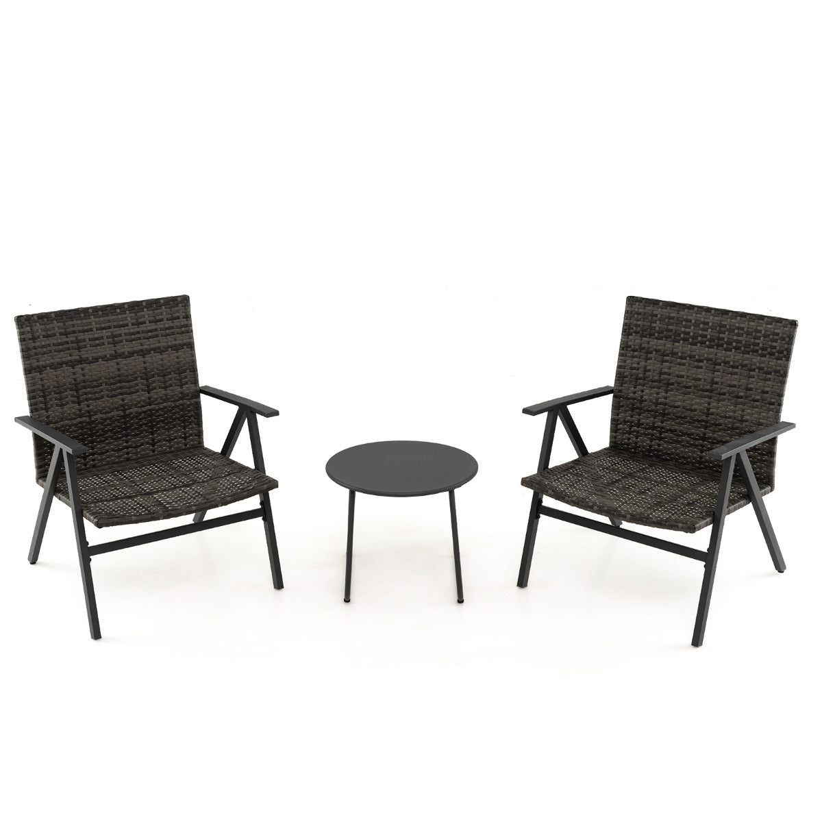 3 Piece Patio Bistro Set Metal Frame Leisure Armchair and Table Set with Rattan Seat and Back-Grey
