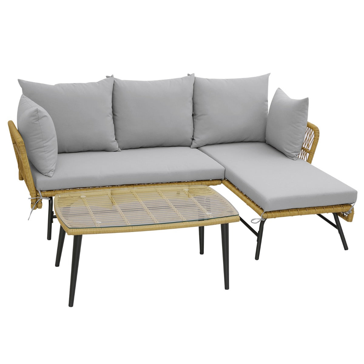 3 Pieces L-Shaped Patio Conversation Set with Tempered Glass Table-Grey