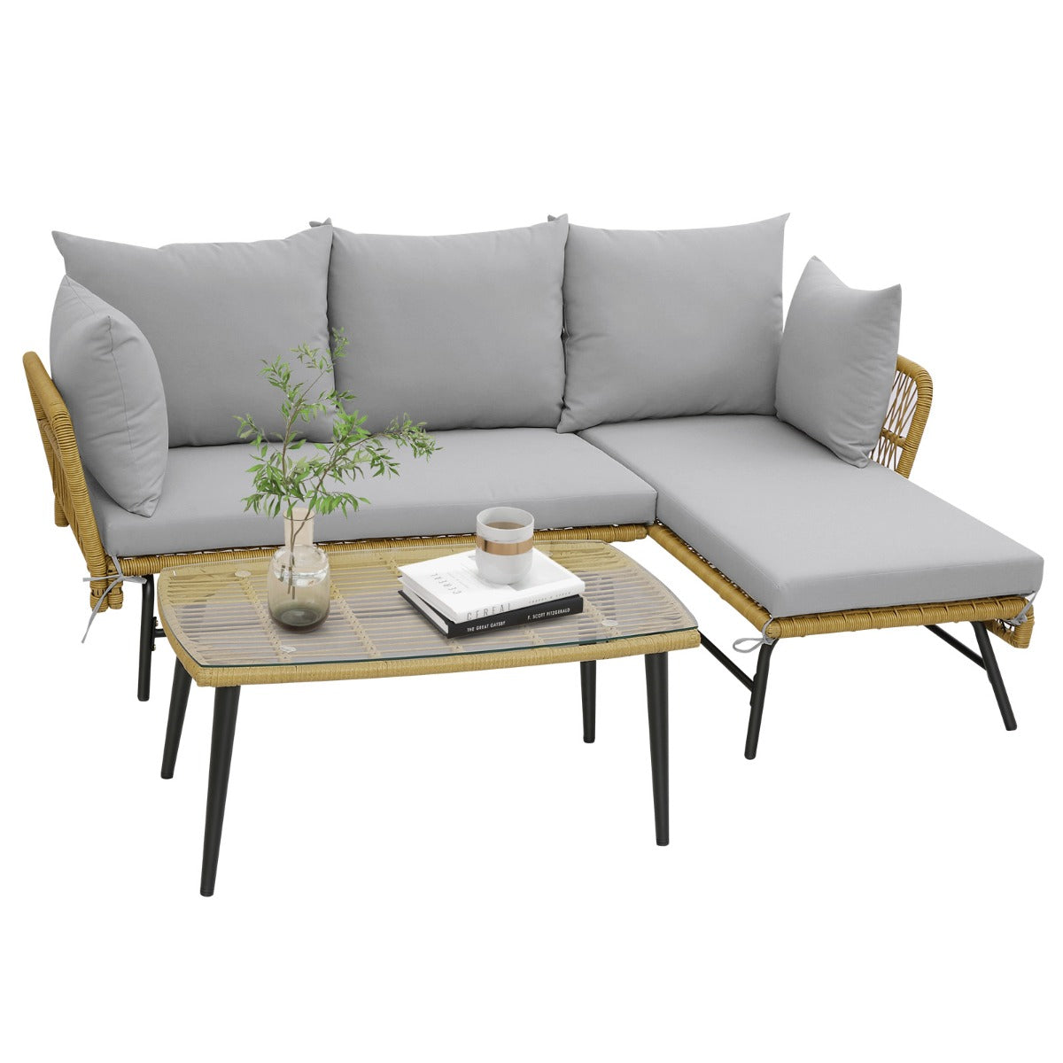3 Pieces L-Shaped Patio Conversation Set with Tempered Glass Table-Grey
