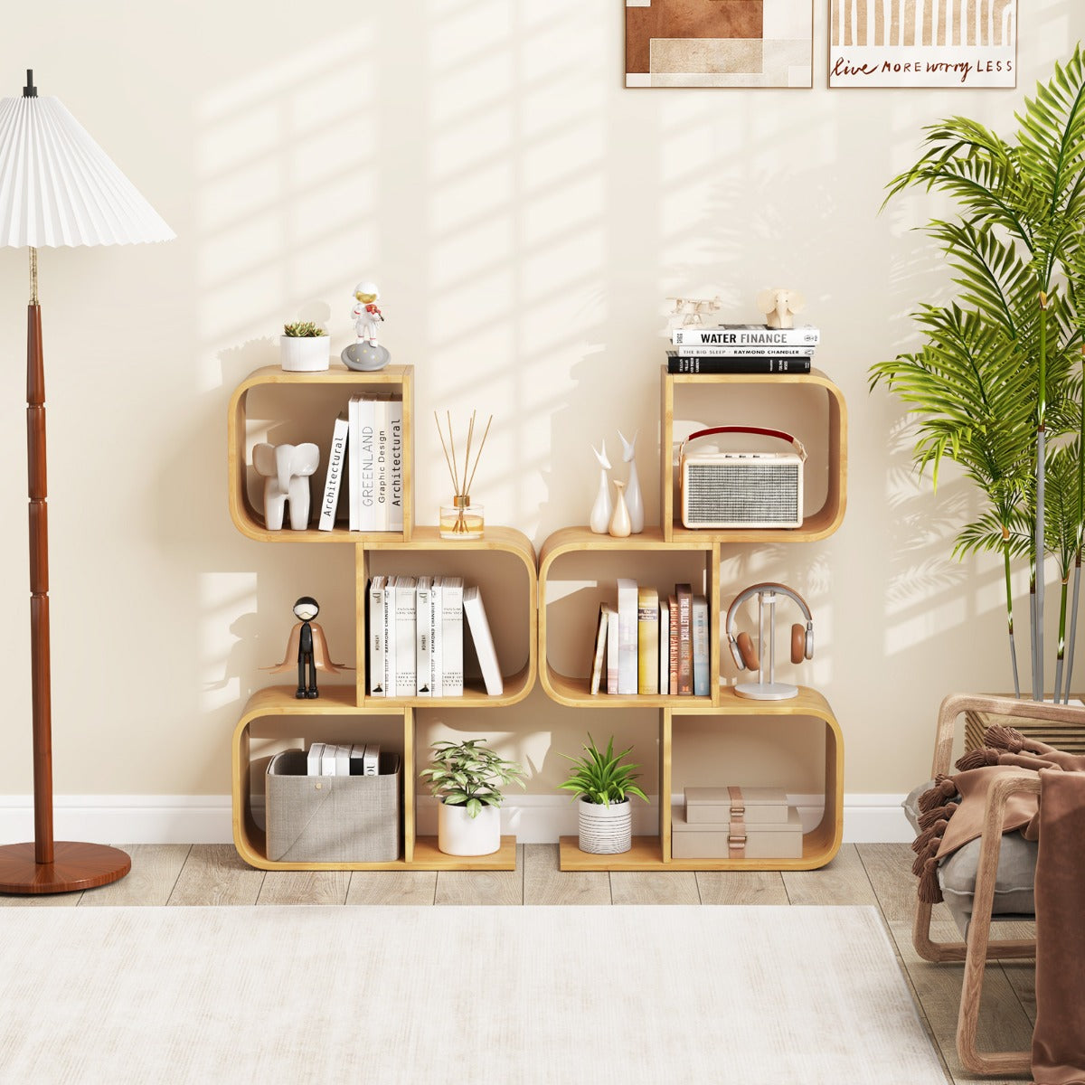 S-Shaped Bookcase Bamboo Bookshelf with 2 Open Cubes-3-Tier