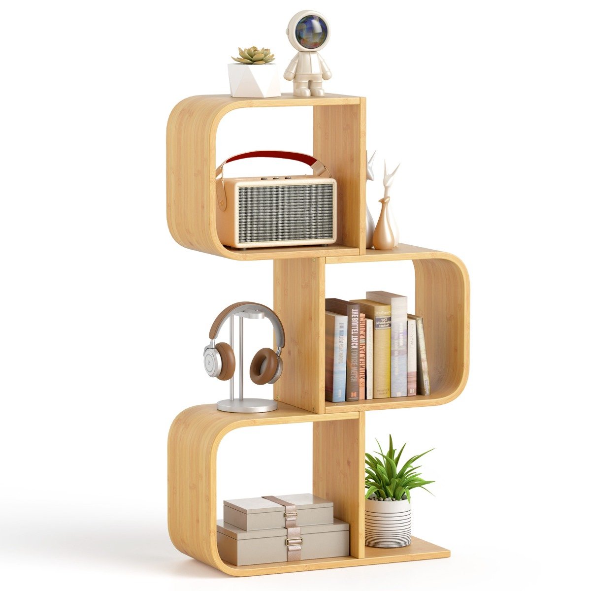 S-Shaped Bookcase Bamboo Bookshelf with 2 Open Cubes-3-Tier