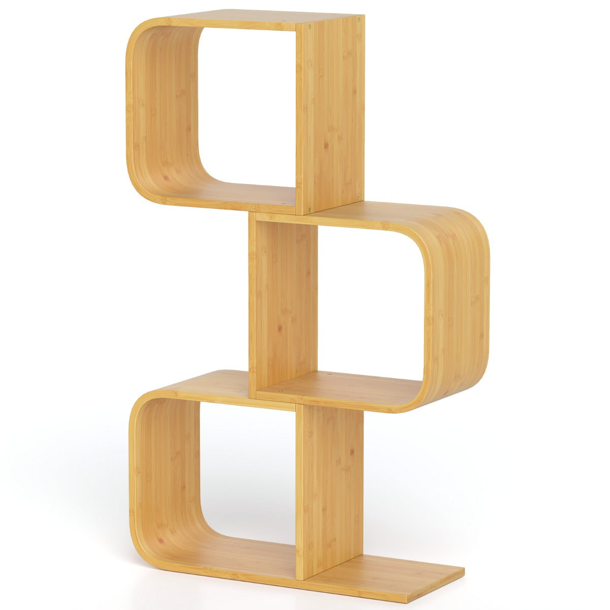 S-Shaped Bookcase Bamboo Bookshelf with 2 Open Cubes-3-Tier