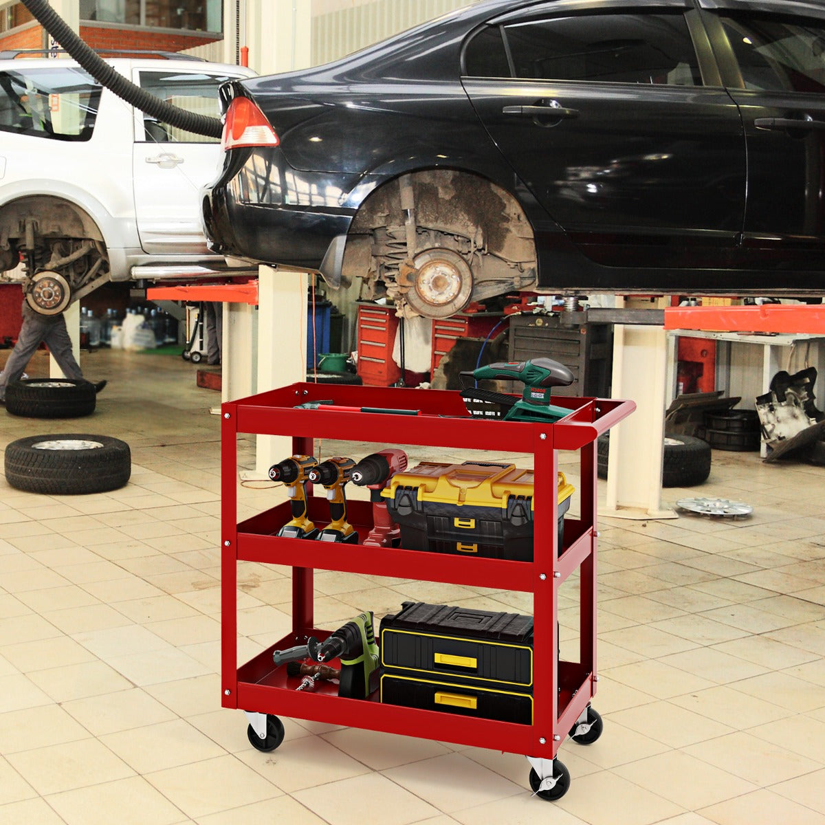 3-Tier Tool Trolley with Handle and Lockable Wheels-Red