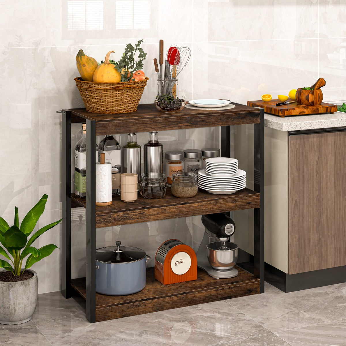 3 Tier Wooden Bookcase with Dual Anti-Tipping Kits and Open Shelving Unit-Rustic Brown