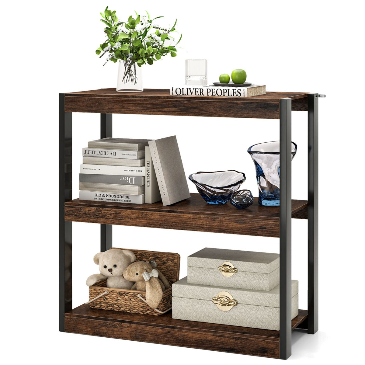 3 Tier Wooden Bookcase with Dual Anti-Tipping Kits and Open Shelving Unit-Rustic Brown