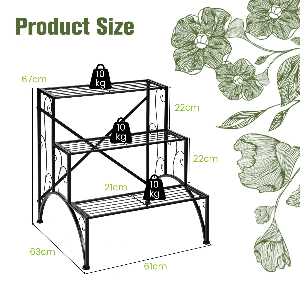 3 Tiers Ladder Flower Pots Holder with Grid Shelves-Black