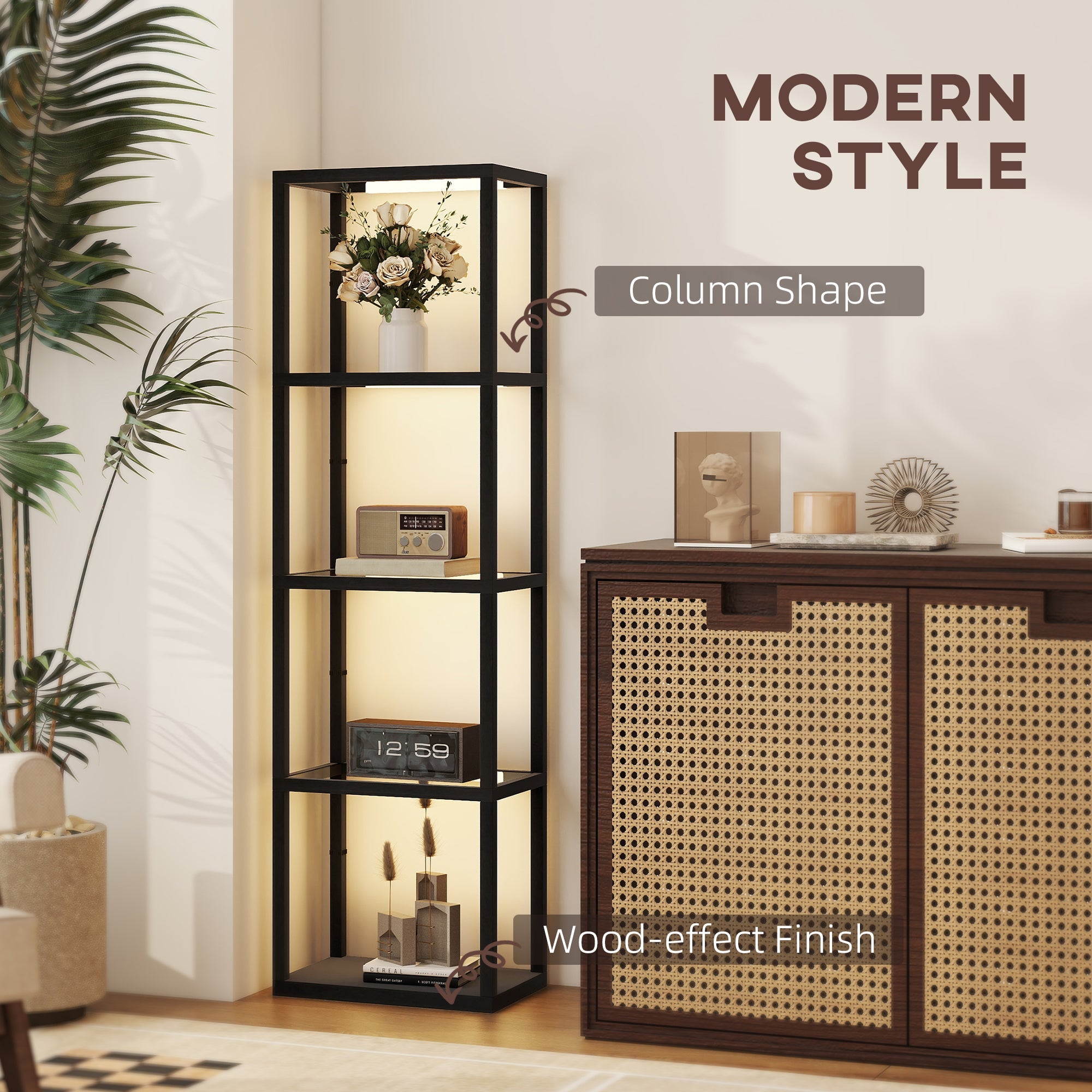 HOMCOM LED Floor Lamp with Glass Shelves, 4 Layers Dimmable Tall Standing Lamp, Modern Column Shelf Floor Light for Living Room, Bedroom, Office, Black