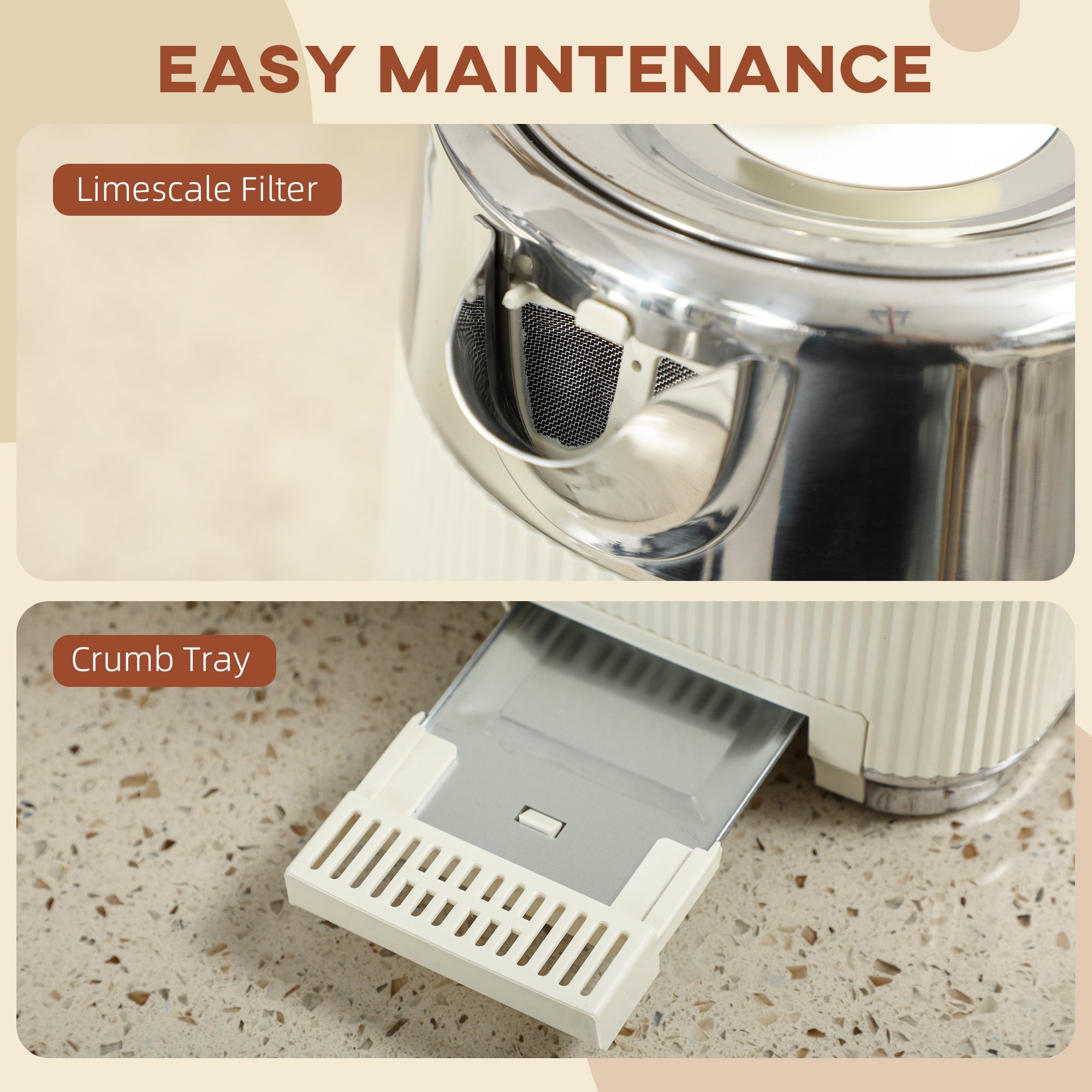 HOMCOM Electric Kettle and Toaster Set, 3000W 1.7L UK Strix Thermostat Rapid Boil Jug Kettle with Limescale Filter, Cool Touch Body, 4 Slice Toaster with 7 Browning Controls, Crumb Tray, Cream