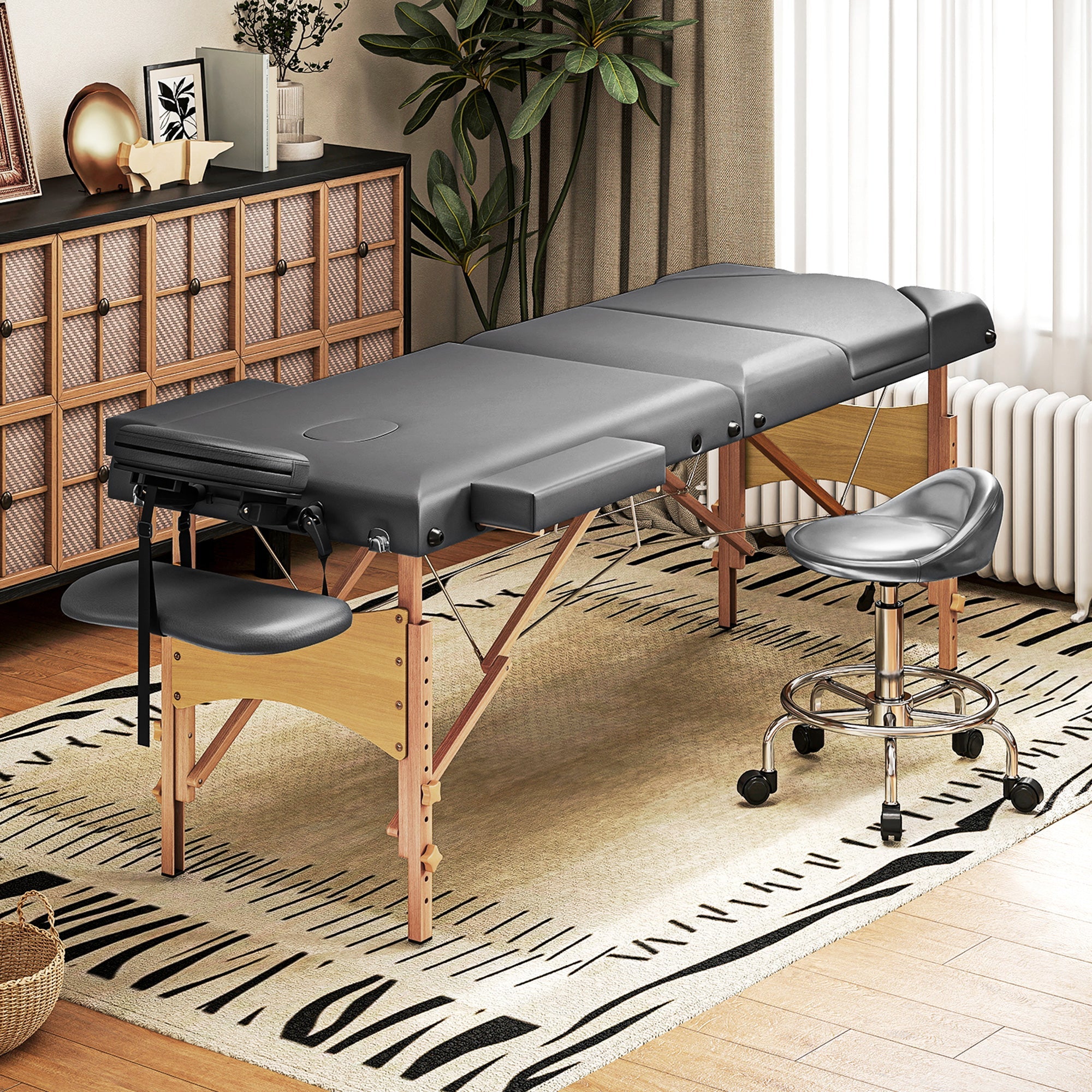 HOMCOM Foldable Massage Table with Beech Wood Legs - Grey