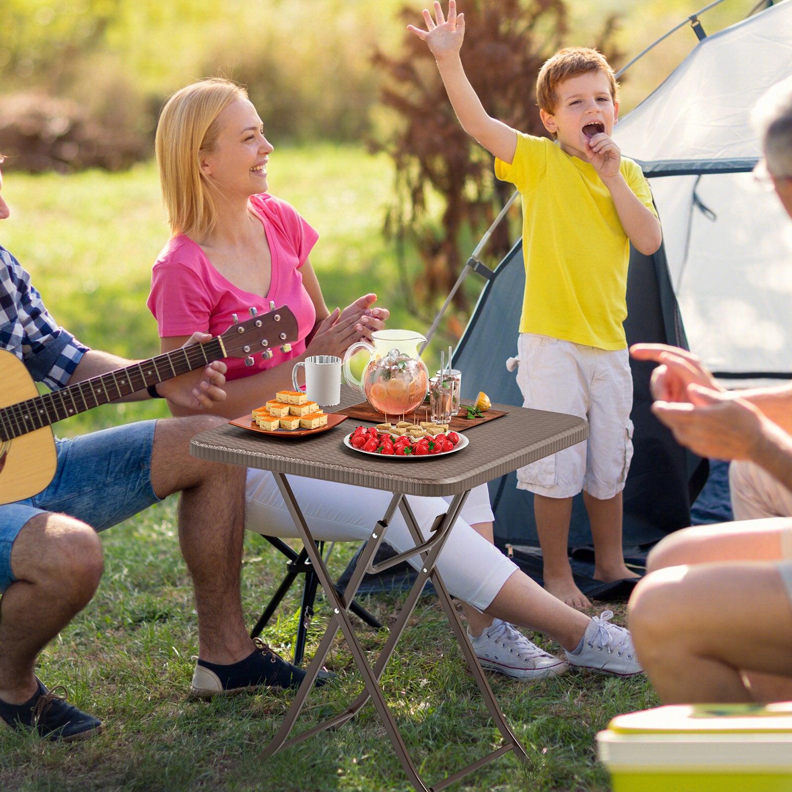 4-Person Rattan Textured Folding Picnic Table Square Patio Dining Table-Rustic Brown