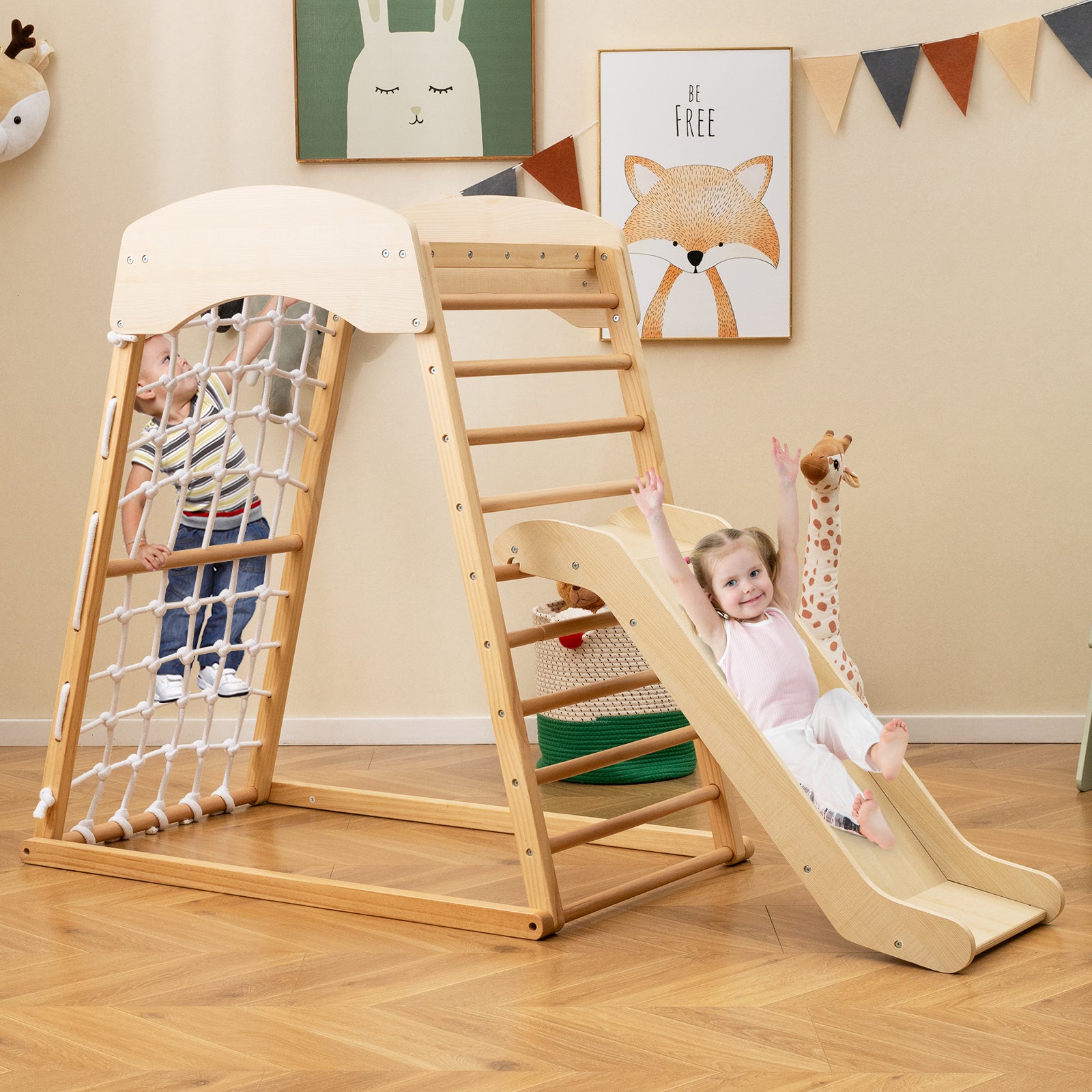4-in-1 Jungle Gym Wooden Indoor Toddler Playground with Slide-Natural