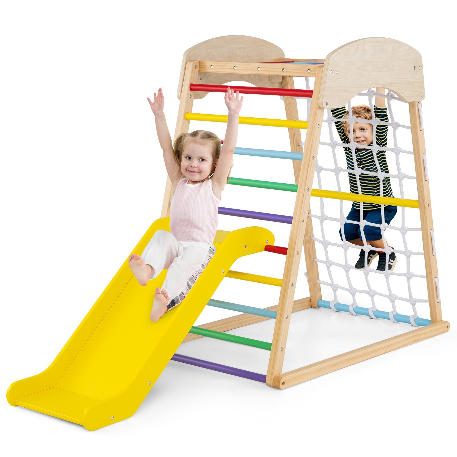 4-in-1 Jungle Gym Wooden Indoor Toddler Playground with Slide-Colourful