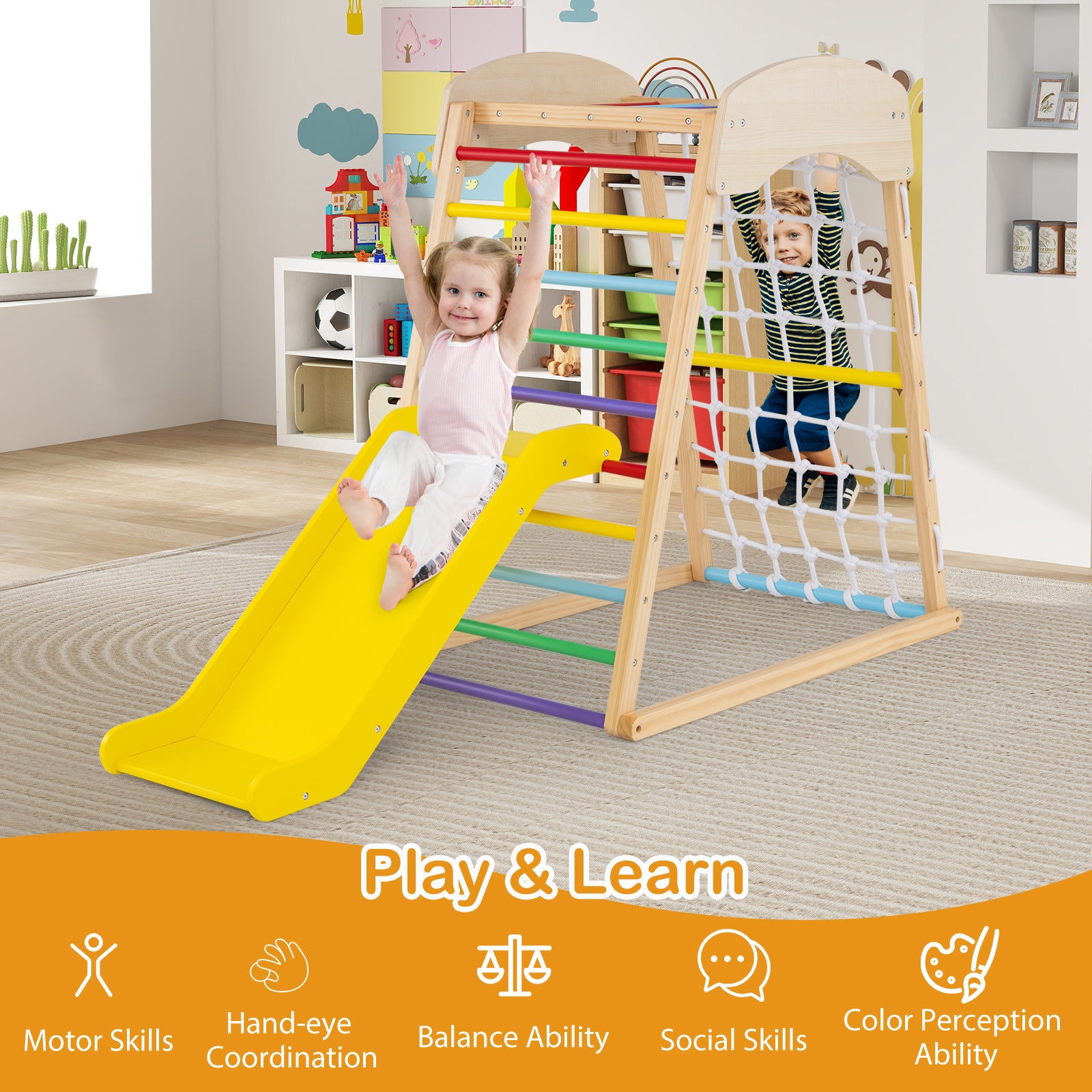 4-in-1 Jungle Gym Wooden Indoor Toddler Playground with Slide-Colourful