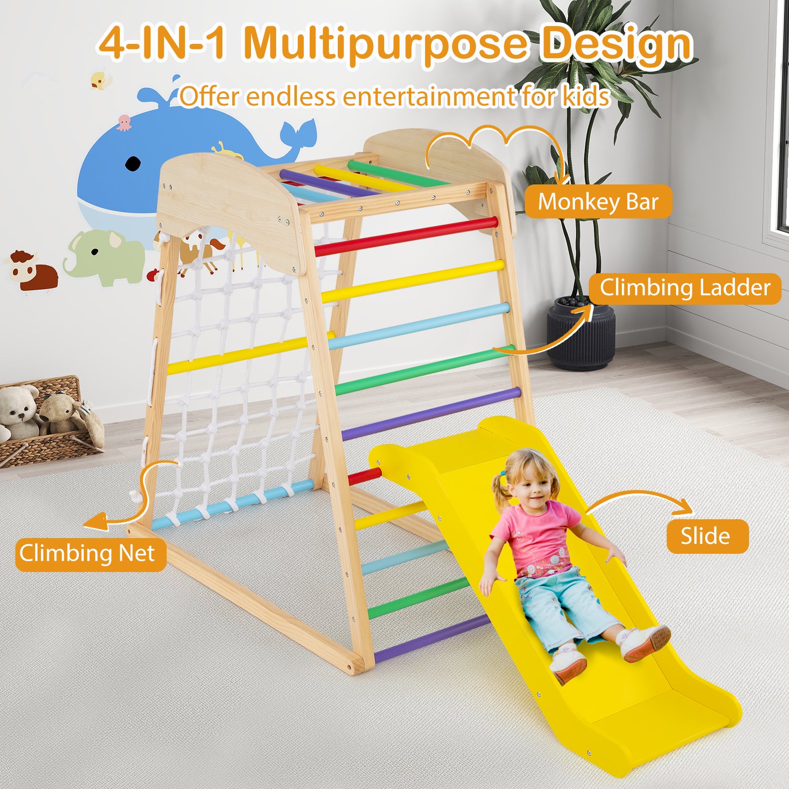4-in-1 Jungle Gym Wooden Indoor Toddler Playground with Slide-Colourful