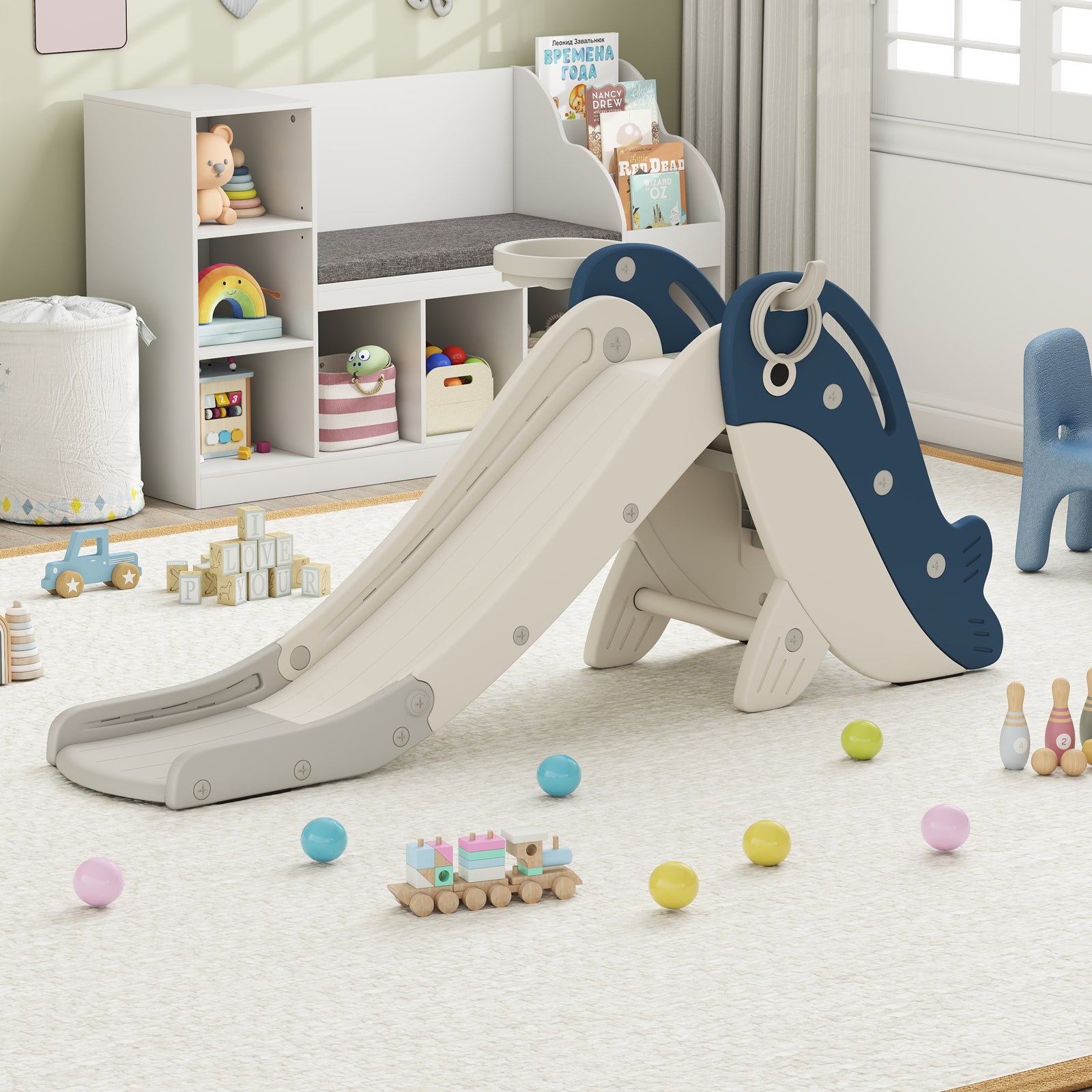 4-in-1 Toddler Slide with Basketball Hoop and Space-saving Folding Design-Blue