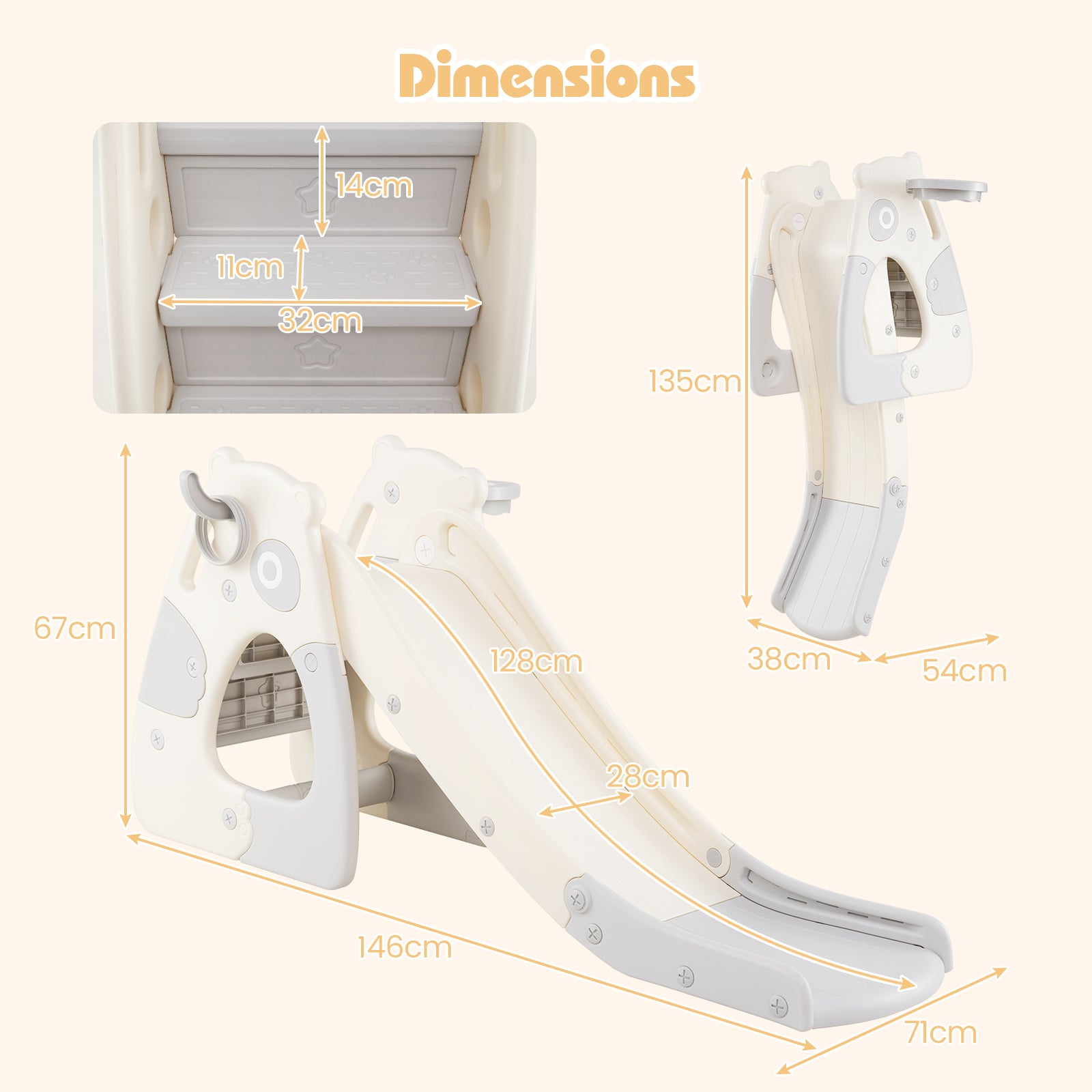 Foldable Toddler Slide with Basketball Hoop and Ball-Grey