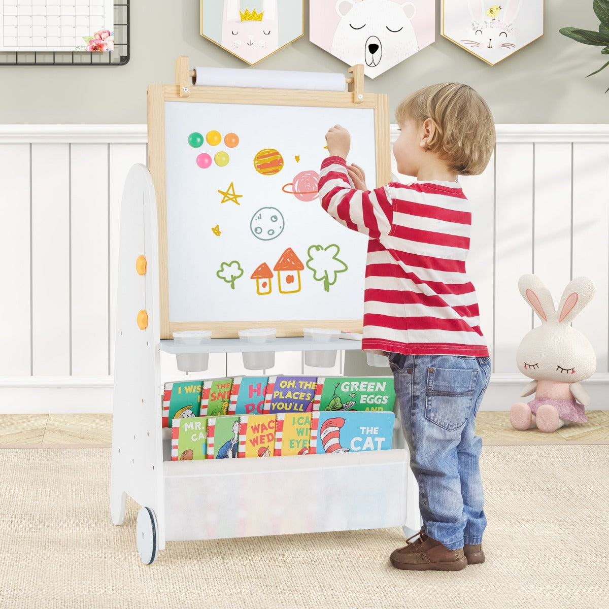 4-in-1 Toddler Activity Table Set with Magnetic Whiteboard and Bookshelves-Natural