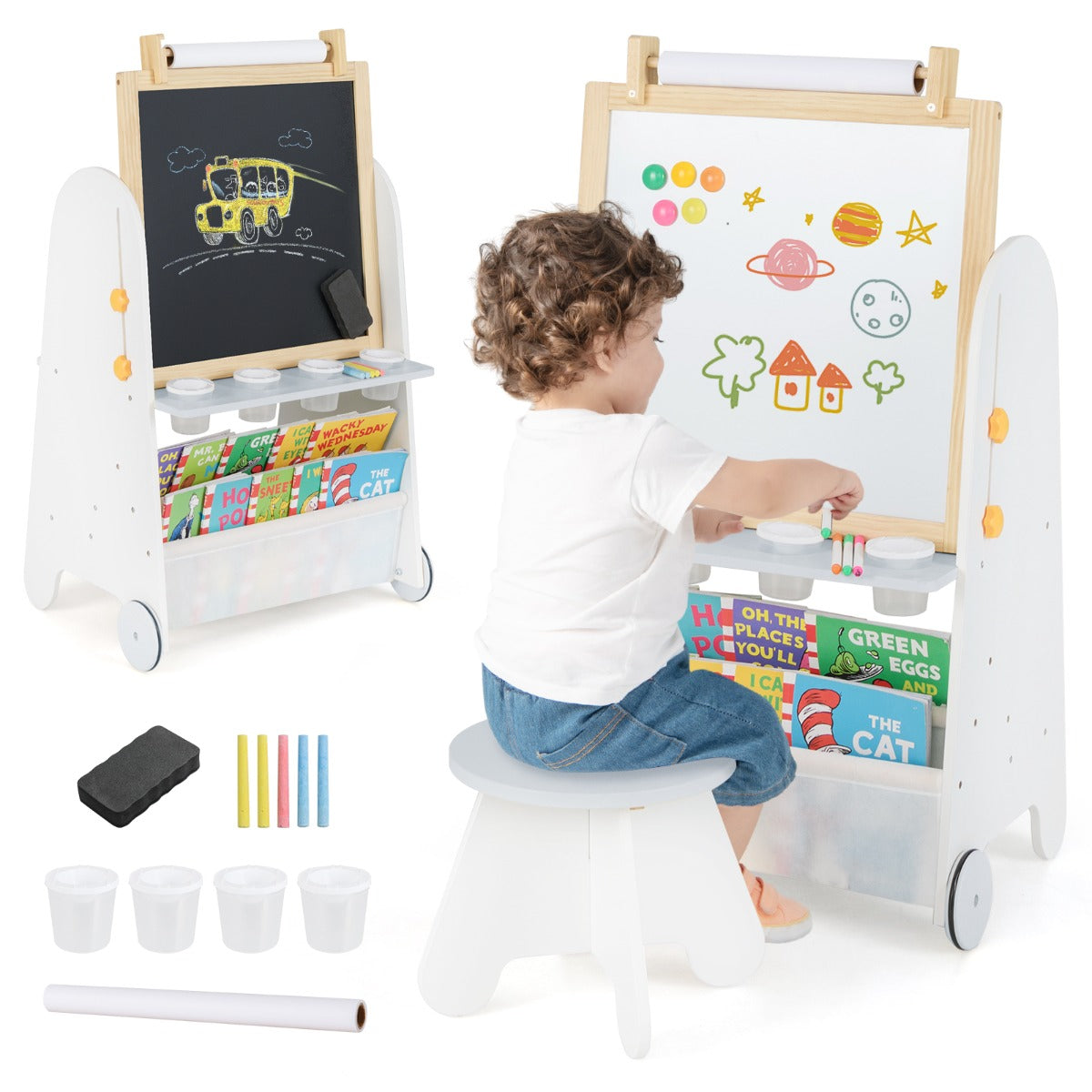 4-in-1 Toddler Activity Table Set with Magnetic Whiteboard and Bookshelves-Natural