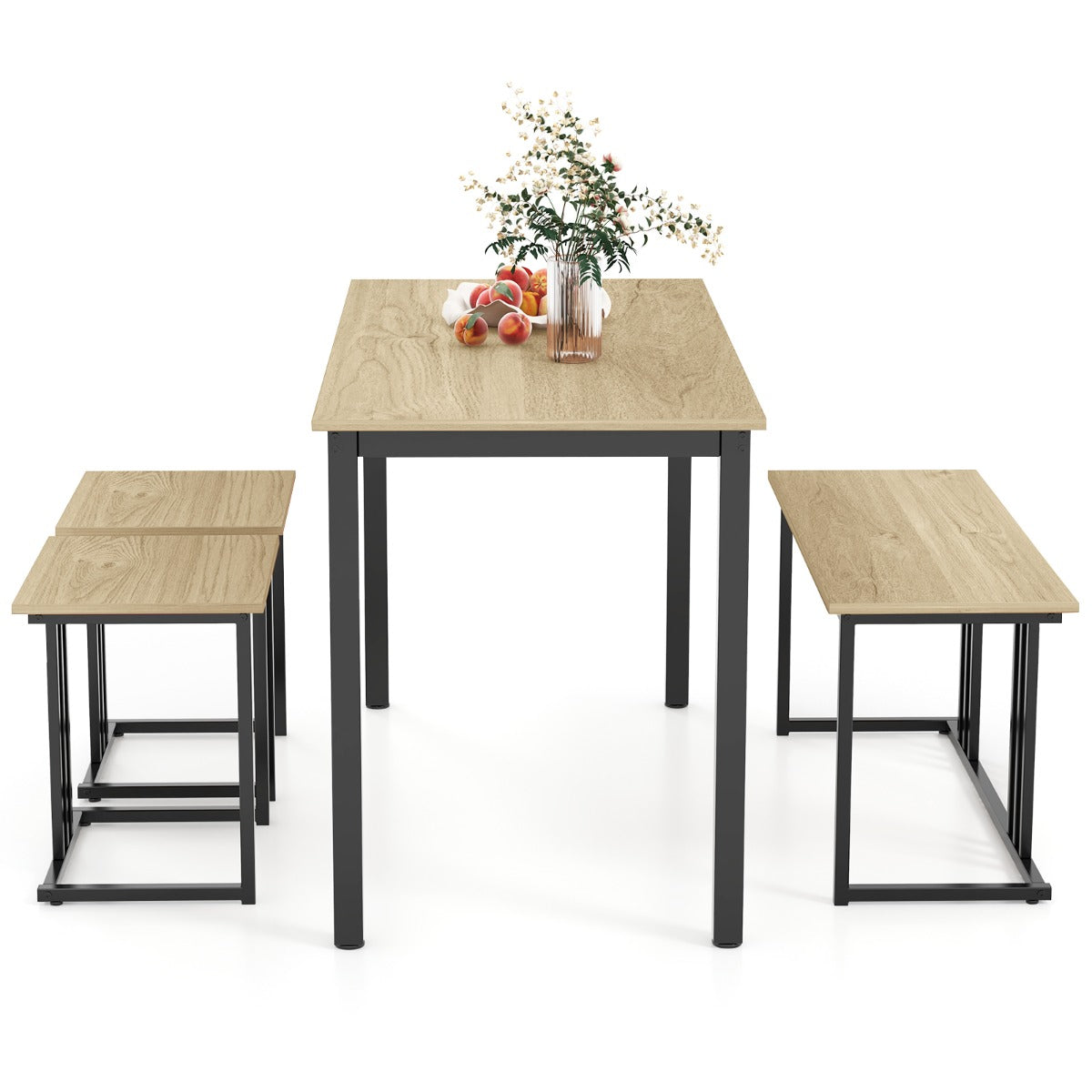 4-Piece Dining Table Set with Bench and 2 Stools for 4 Persons-Natural