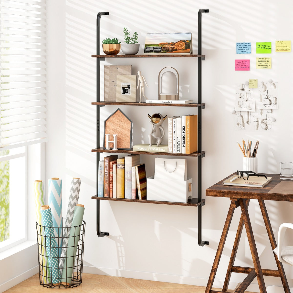 4-Tier Wall Mounted Industrial Pipe Shelving Wood Floating Shelves-Rustic Brown