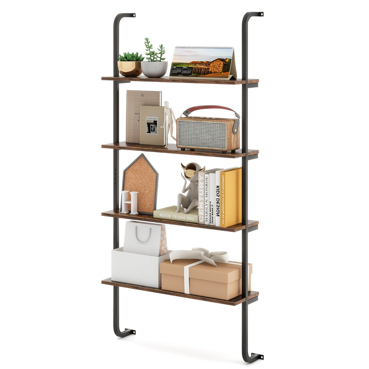 4-Tier Wall Mounted Industrial Pipe Shelving Wood Floating Shelves-Rustic Brown