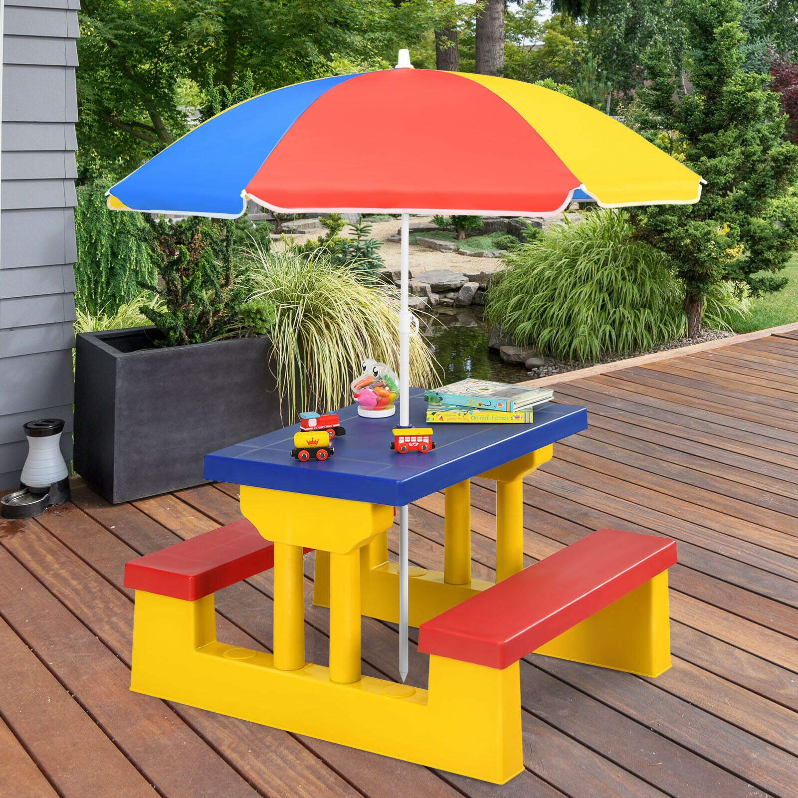 Kids Picnic Table Set with Removable Umbrella-Color