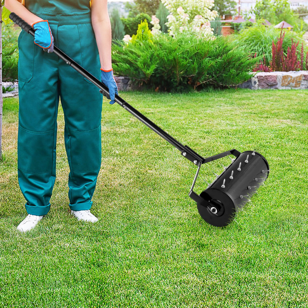 45 cm Manual Rolling Lawn Aerator Tool with 130 cm Detachable Handle-Black