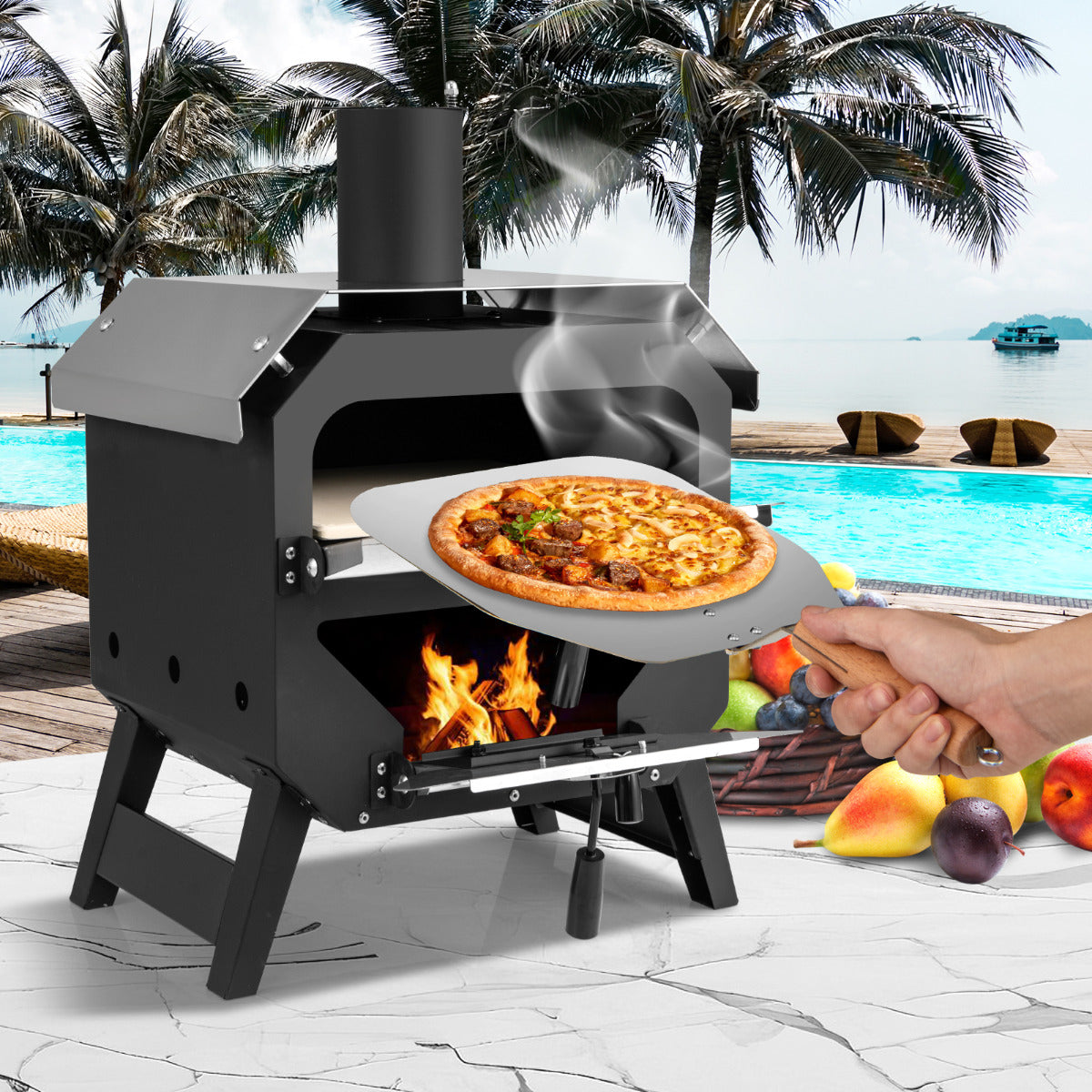 45 cm Outdoor Pizza Oven with Pizza Stone and Oxford Cloth Cover-Black